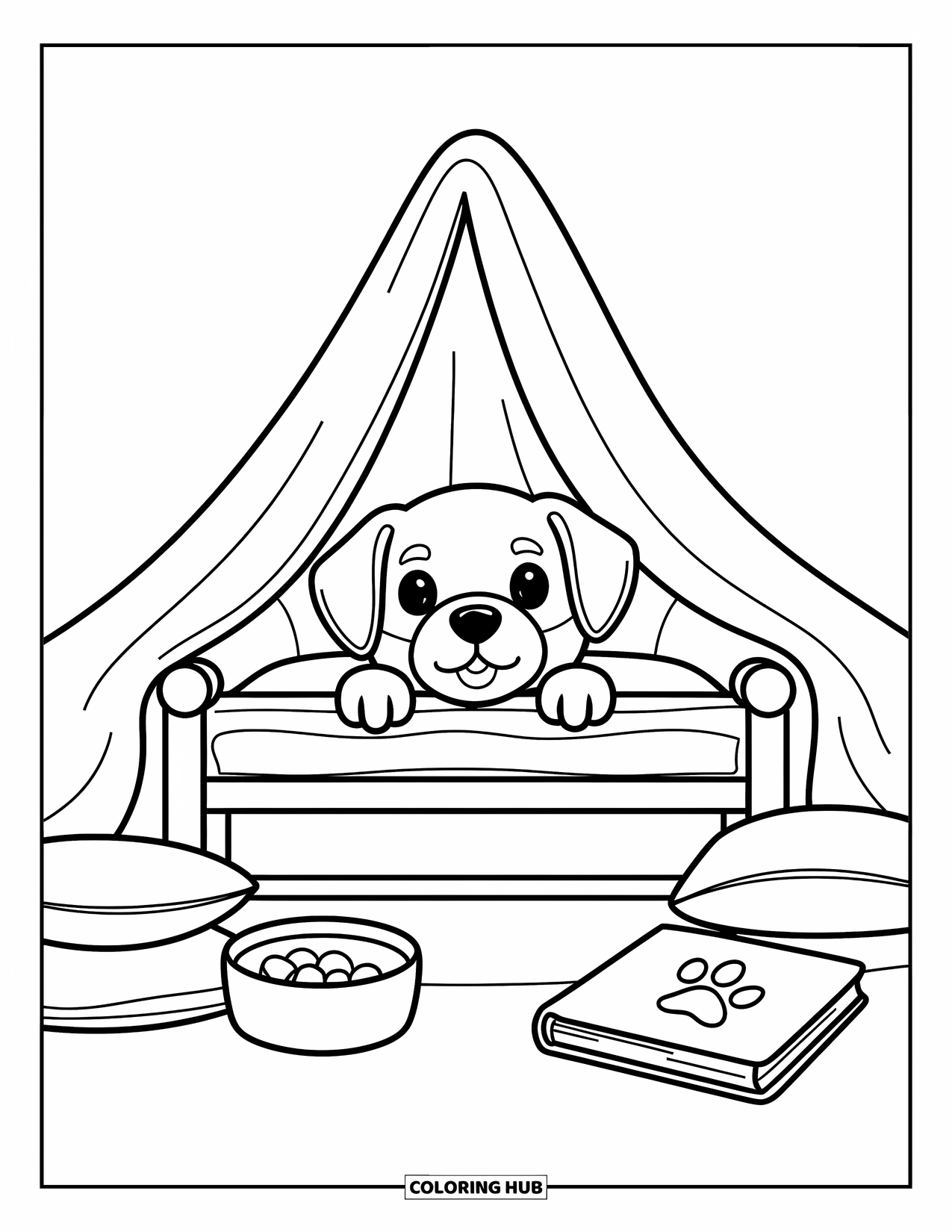 Golden Retriever Puppy Coloring Page for Adults: Playful puppy peeks out from a blanket fort beside a book and treat bowl