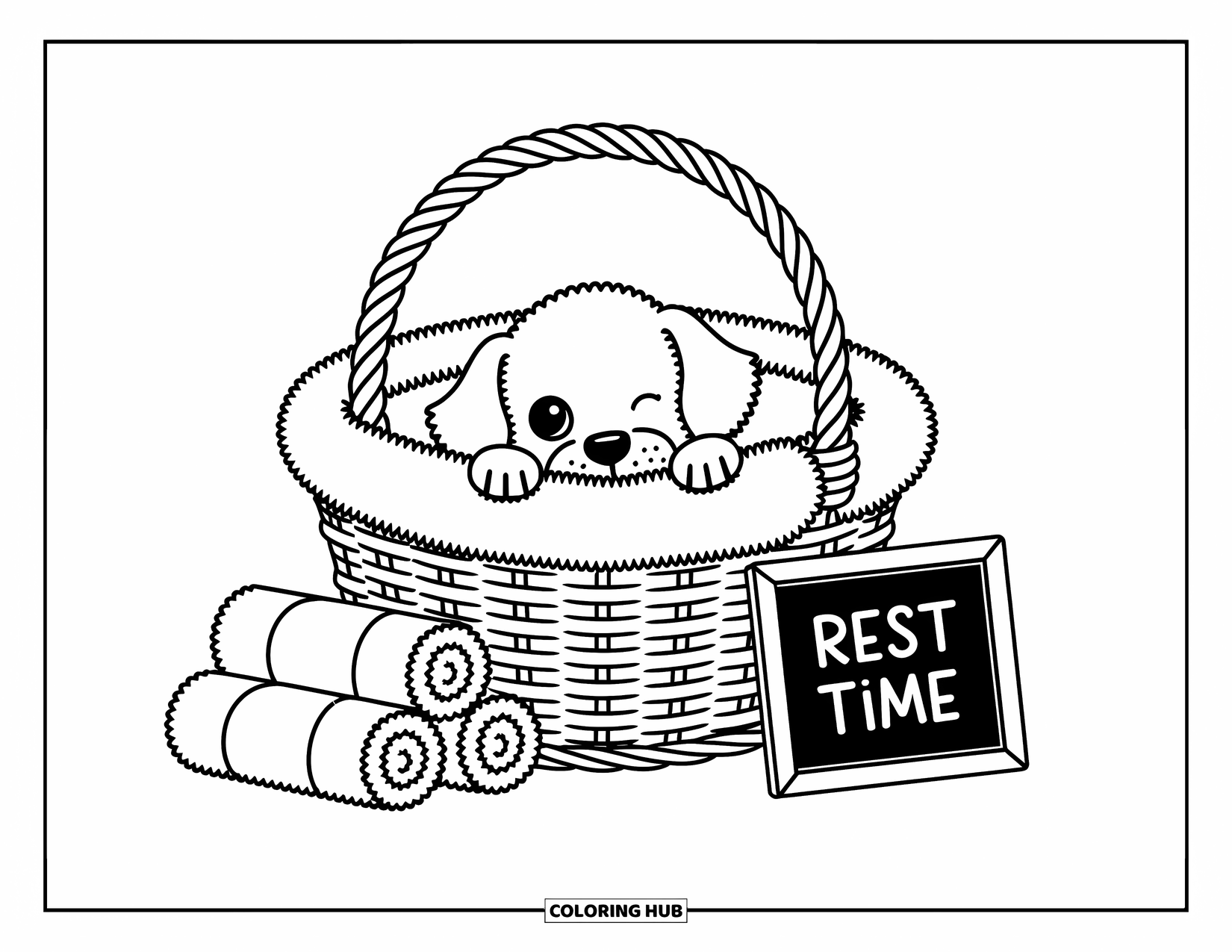 Golden Retriever Puppy Coloring Page for Adults: Puppy cuddled in a basket with only one eye and paw showing beside soft towels