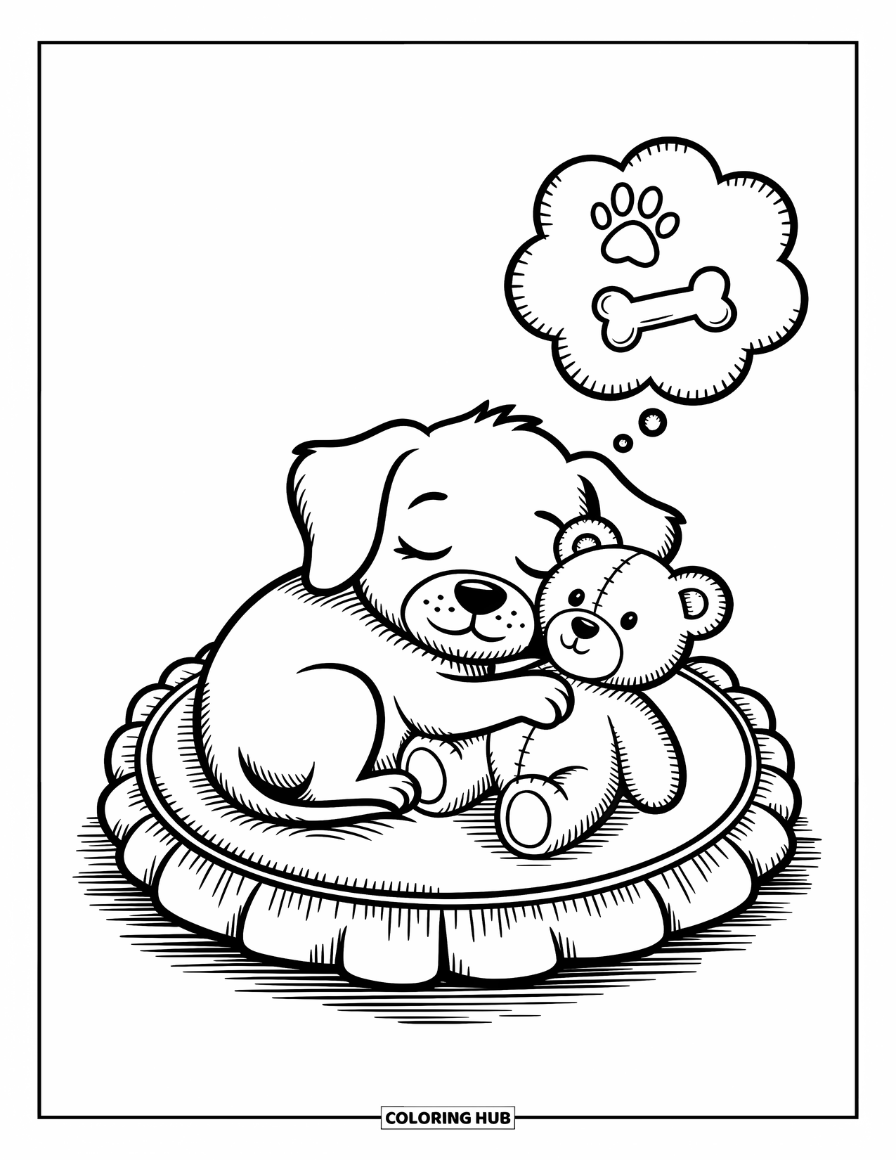 Golden Retriever Puppy Coloring Page for Adults: Puppy curled up on a plush bed dreams of bones while hugging its teddy
