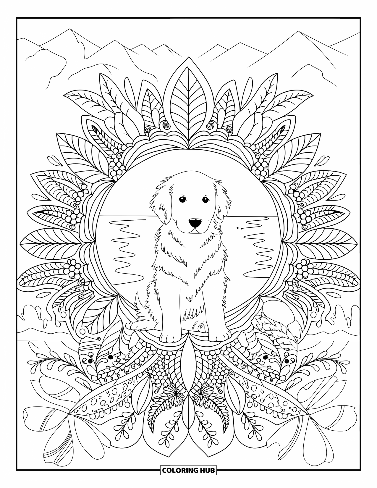 Golden Retriever Puppy Coloring Page for Adults: Puppy sitting calmly in a mandala of flowers, leaves, and mountain scenery