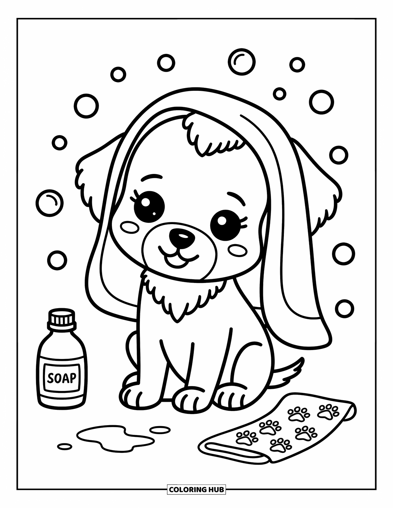 Golden Retriever Puppy Coloring Page for Adults: Relaxed puppy with towel and soap bottle sits surrounded by tiny droplets