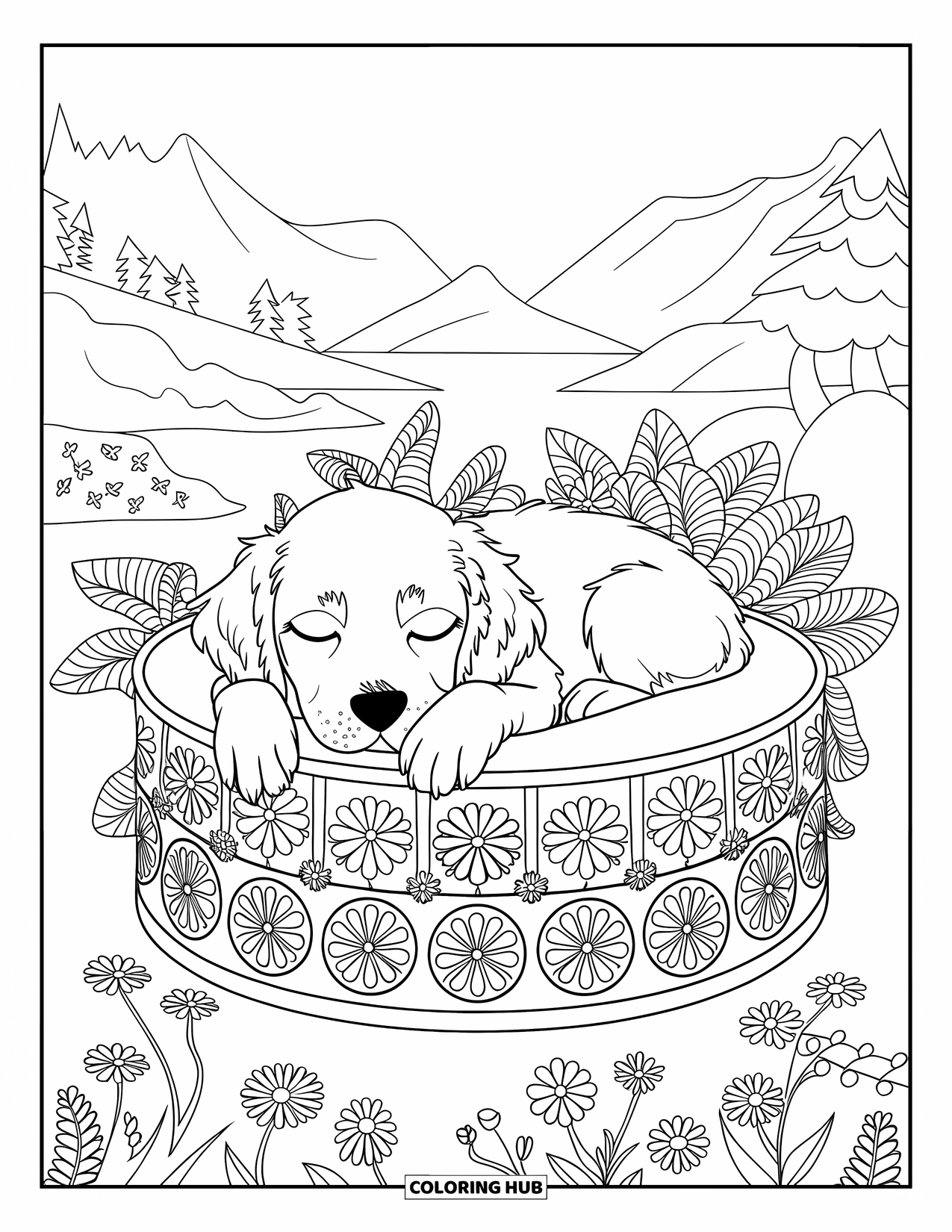 Golden Retriever Puppy Coloring Page for Adults: Sleeping puppy nestled in a floral bed with mountains and trees nearby