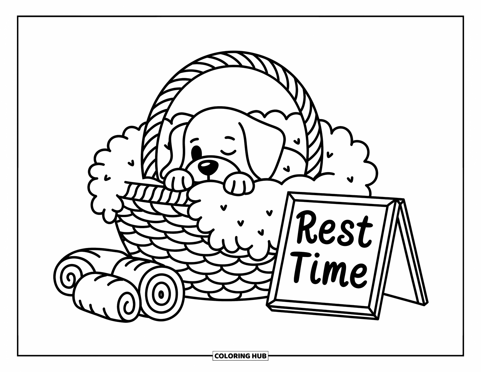 Golden Retriever Puppy Coloring Page for Adults: Sleepy puppy peeks from a fluffy basket beside towels and a ìrest timeî sign
