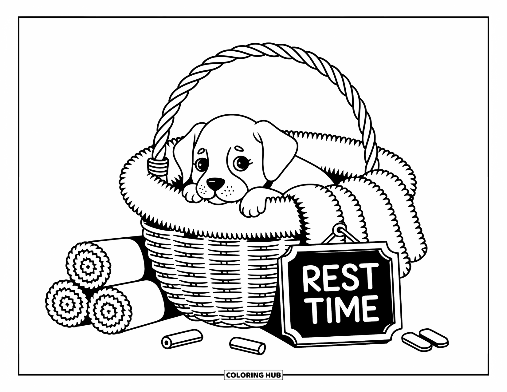 Golden Retriever Puppy Coloring Page for Adults: Snuggled puppy hides in blankets inside a basket near a tiny rest sign