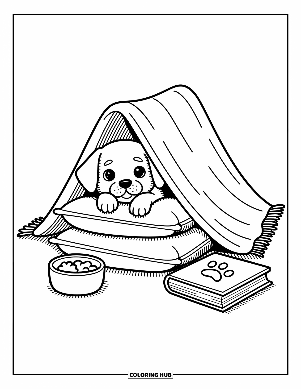 Golden Retriever Puppy Coloring Page for Adults: Tiny puppy in a blanket fort rests near a book, treats, and soft pillows