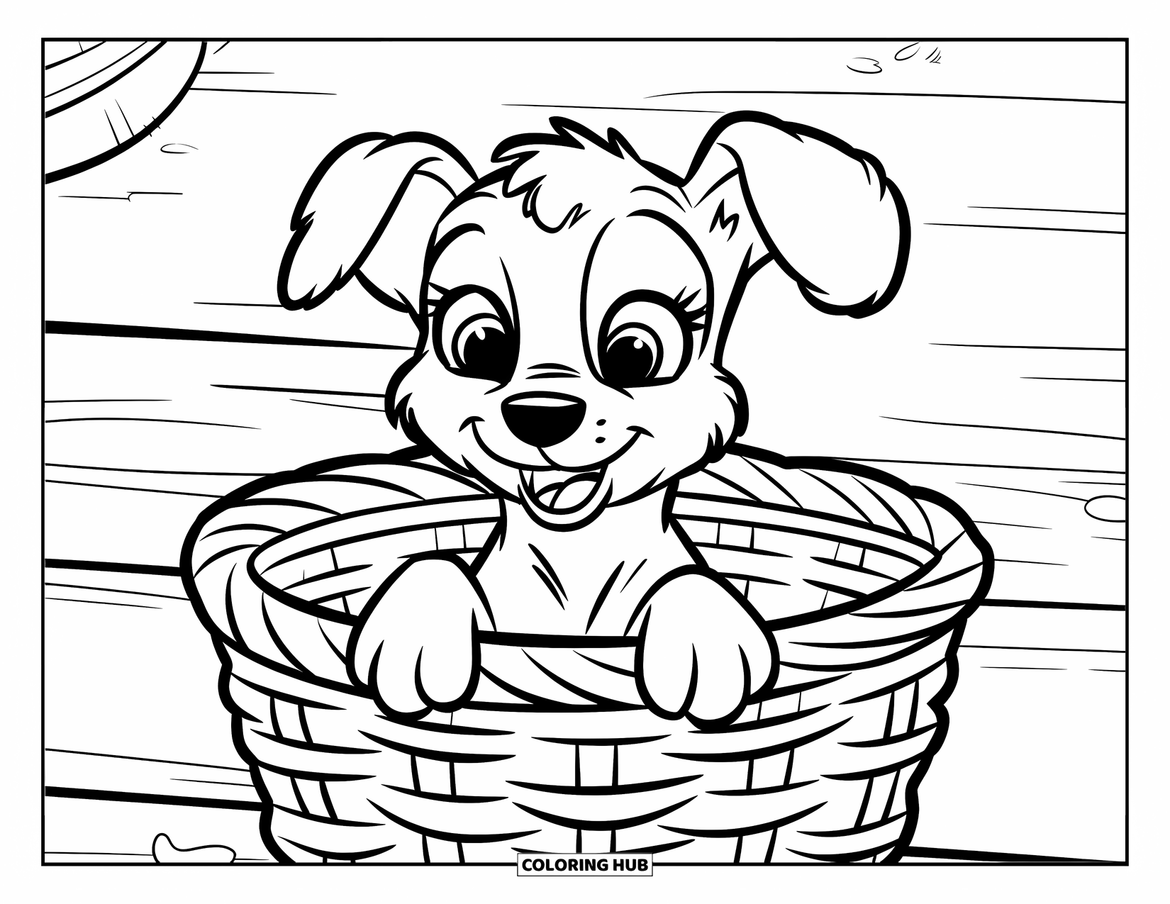 Golden Retriever Puppy Coloring Page for Kids: Basket puppy with wide eyes on a wooden surface and simple items