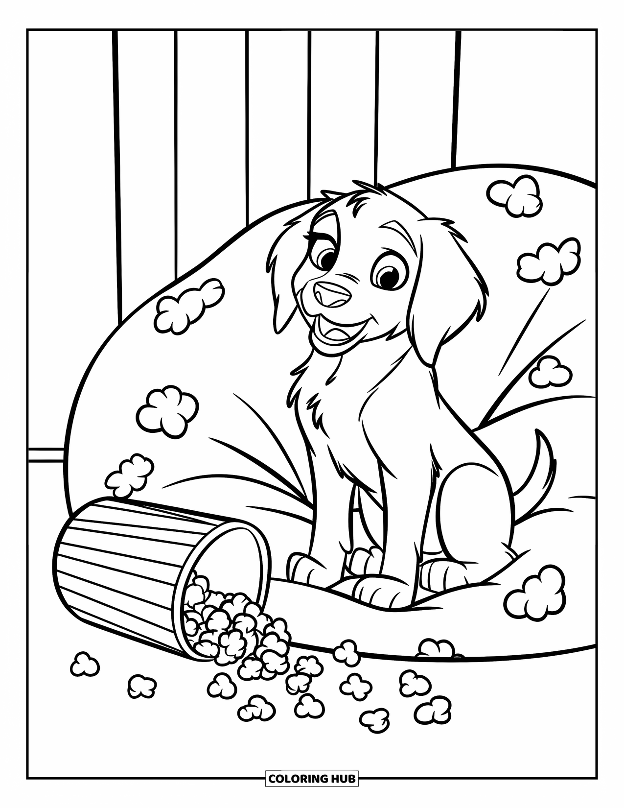 Golden Retriever Puppy Coloring Page for Kids: Cute puppy on a bean bag chair with popcorn all around