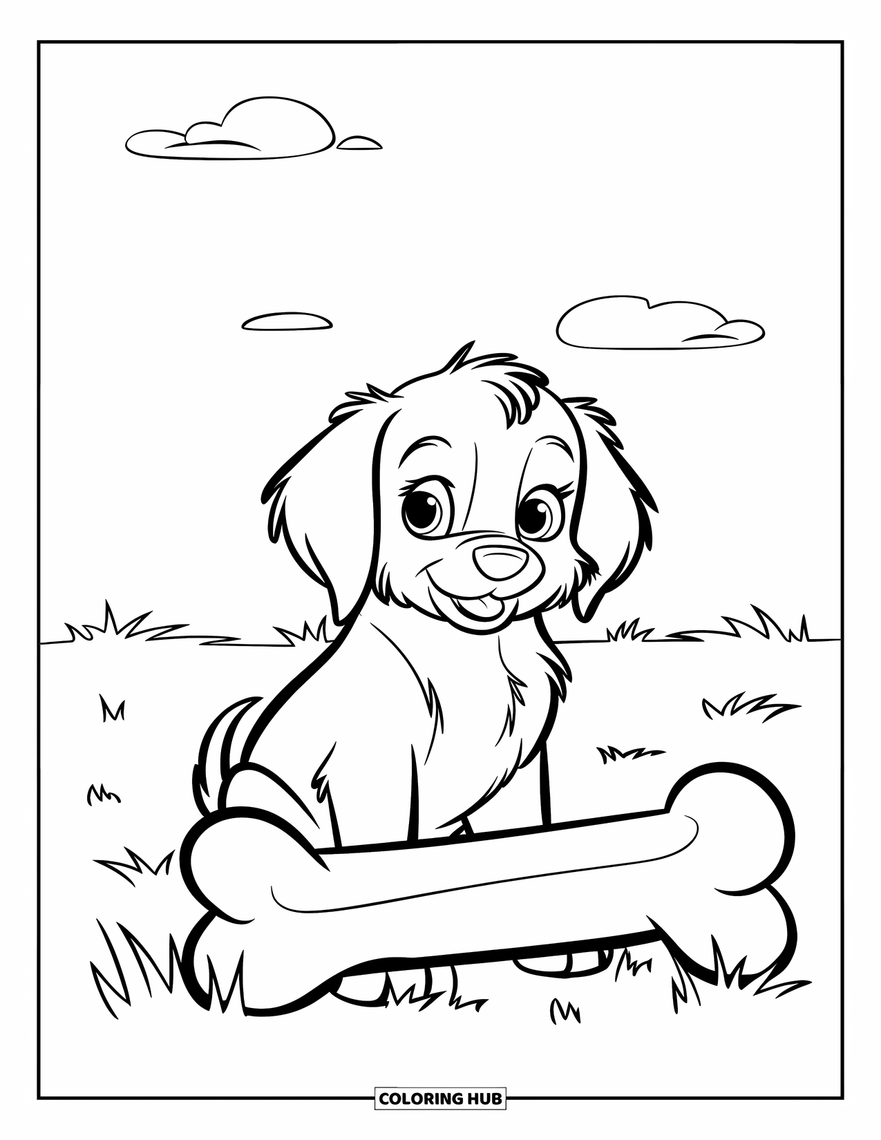 Golden Retriever Puppy Coloring Page for Kids: Floppy-eared pup with a big bone on a grassy field