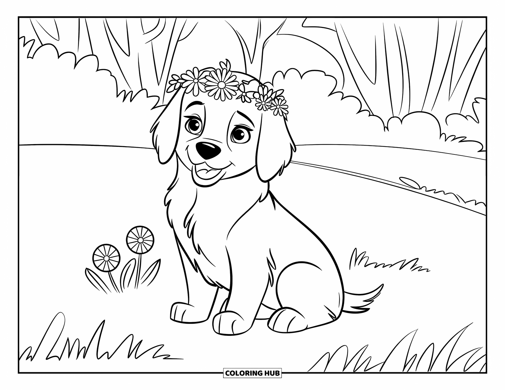 Golden Retriever Puppy Coloring Page for Kids: Flower-crowned puppy sitting in a meadow with trees behind