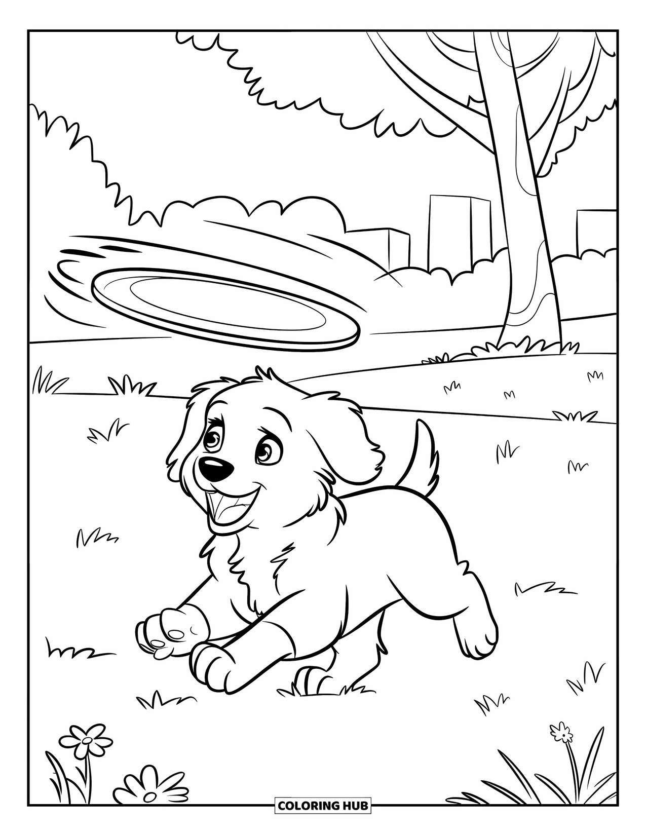 Golden Retriever Puppy Coloring Page for Kids: Golden retriever chasing a frisbee across a grassy field