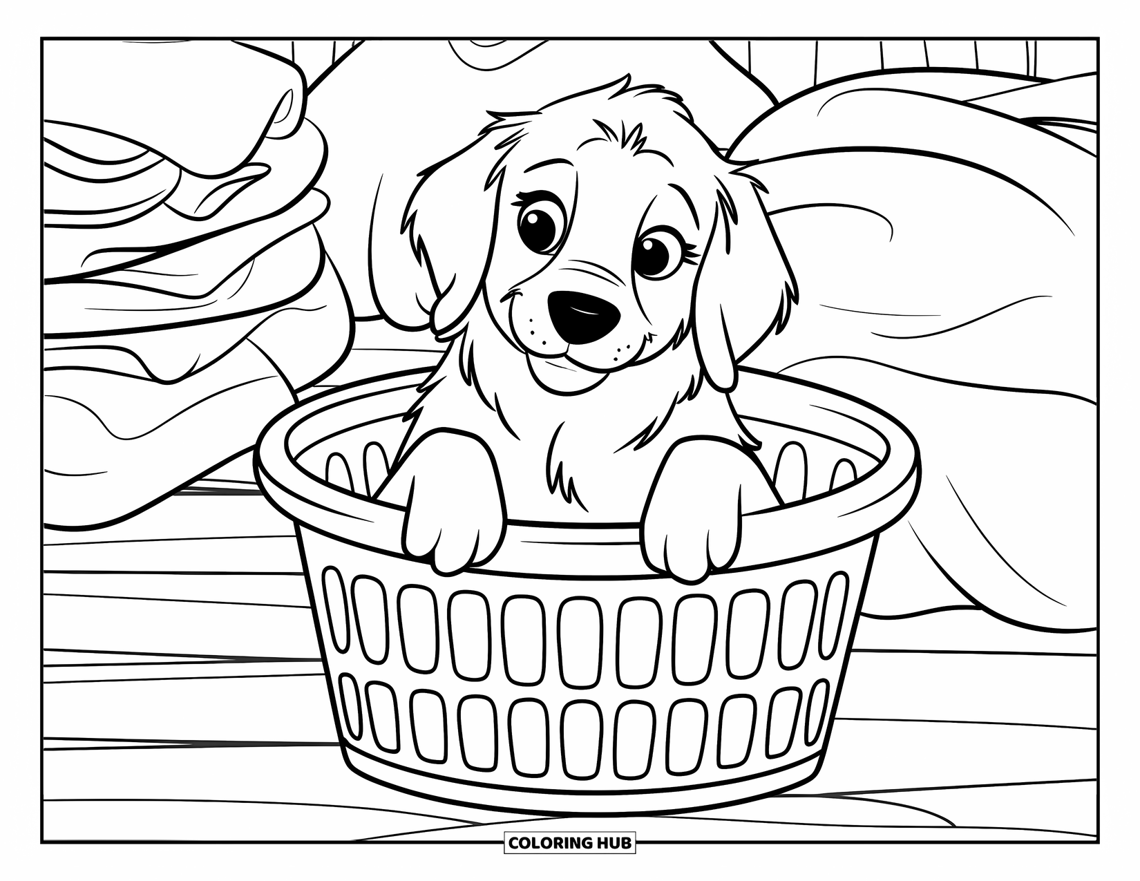Golden Retriever Puppy Coloring Page for Kids: Golden retriever in a basket surrounded by laundry piles