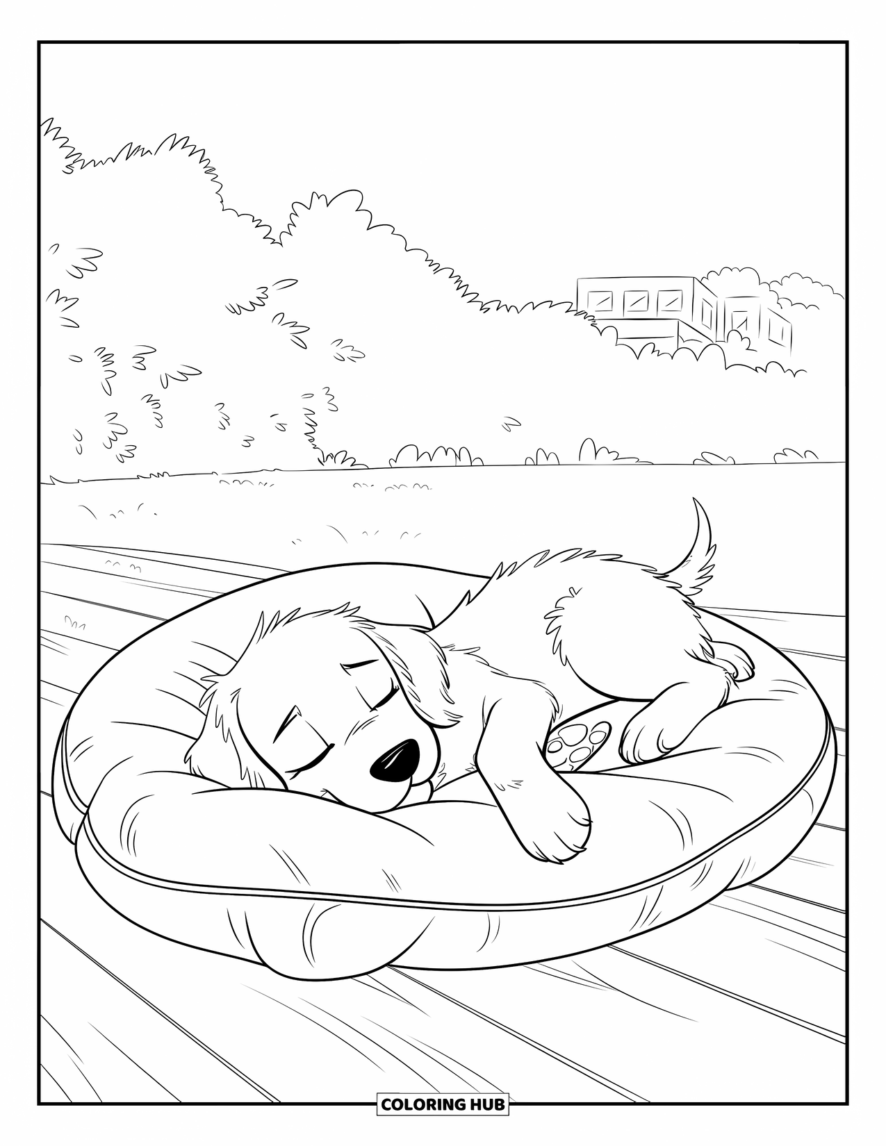 Golden Retriever Puppy Coloring Page for Kids: Golden retriever napping on a pillow in a green outdoor setting