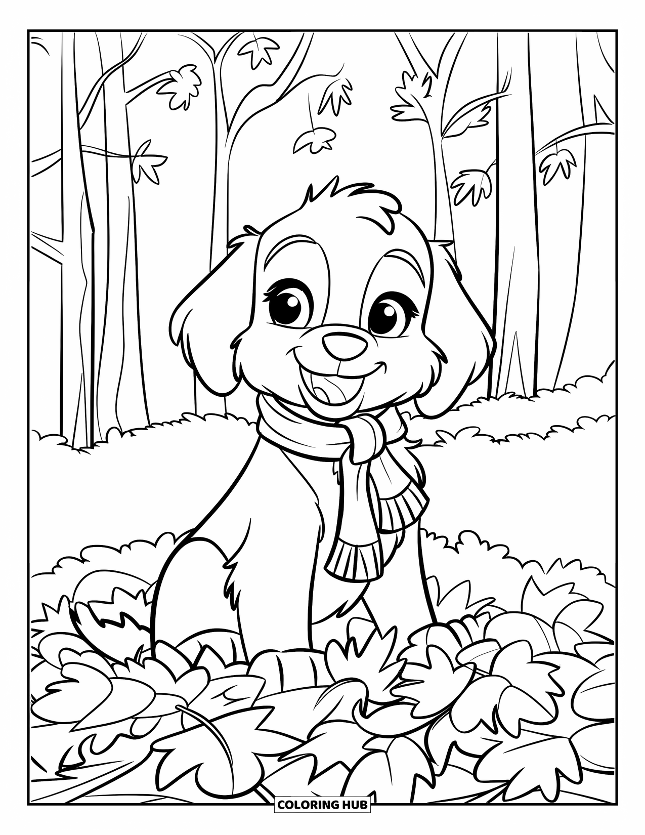 Golden Retriever Puppy Coloring Page for Kids: Golden retriever with a scarf in a leaf-covered forest