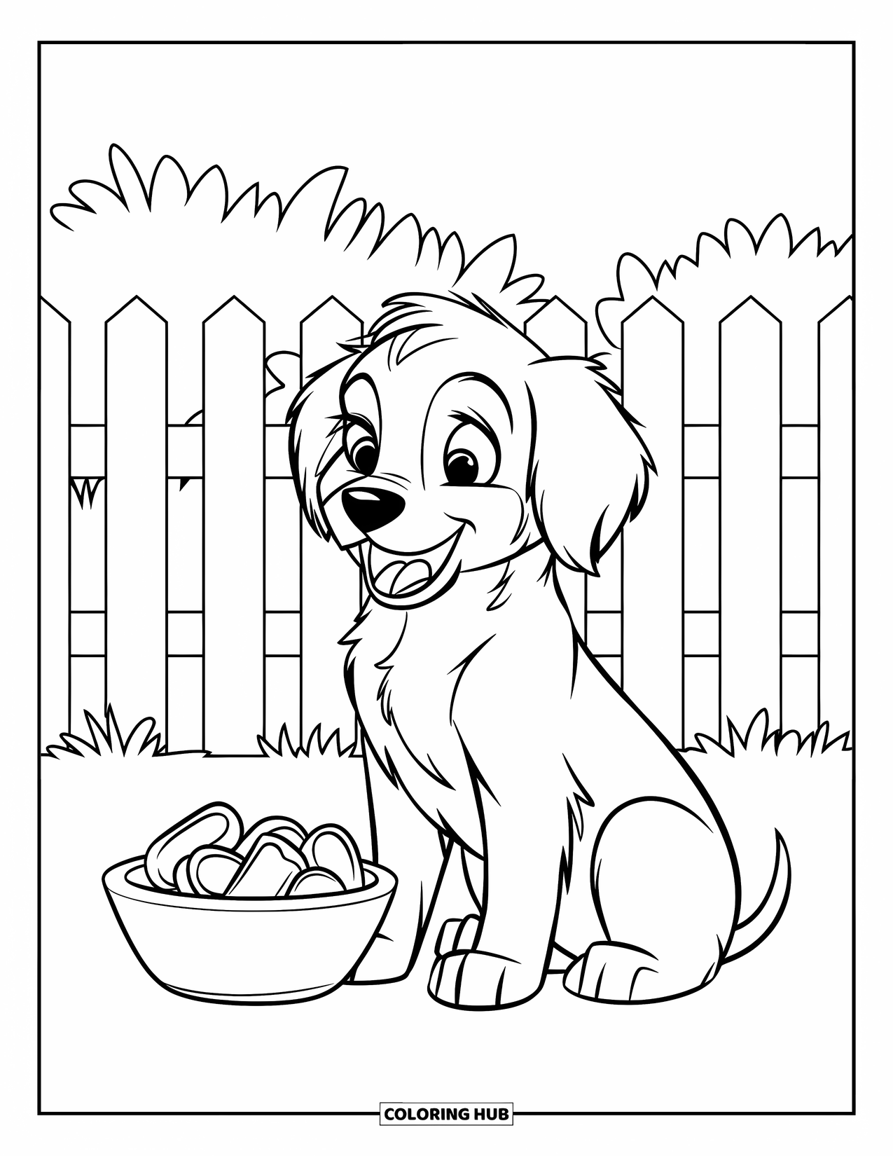 Golden Retriever Puppy Coloring Page for Kids: Happy puppy wagging next to a bowl of treats on grass