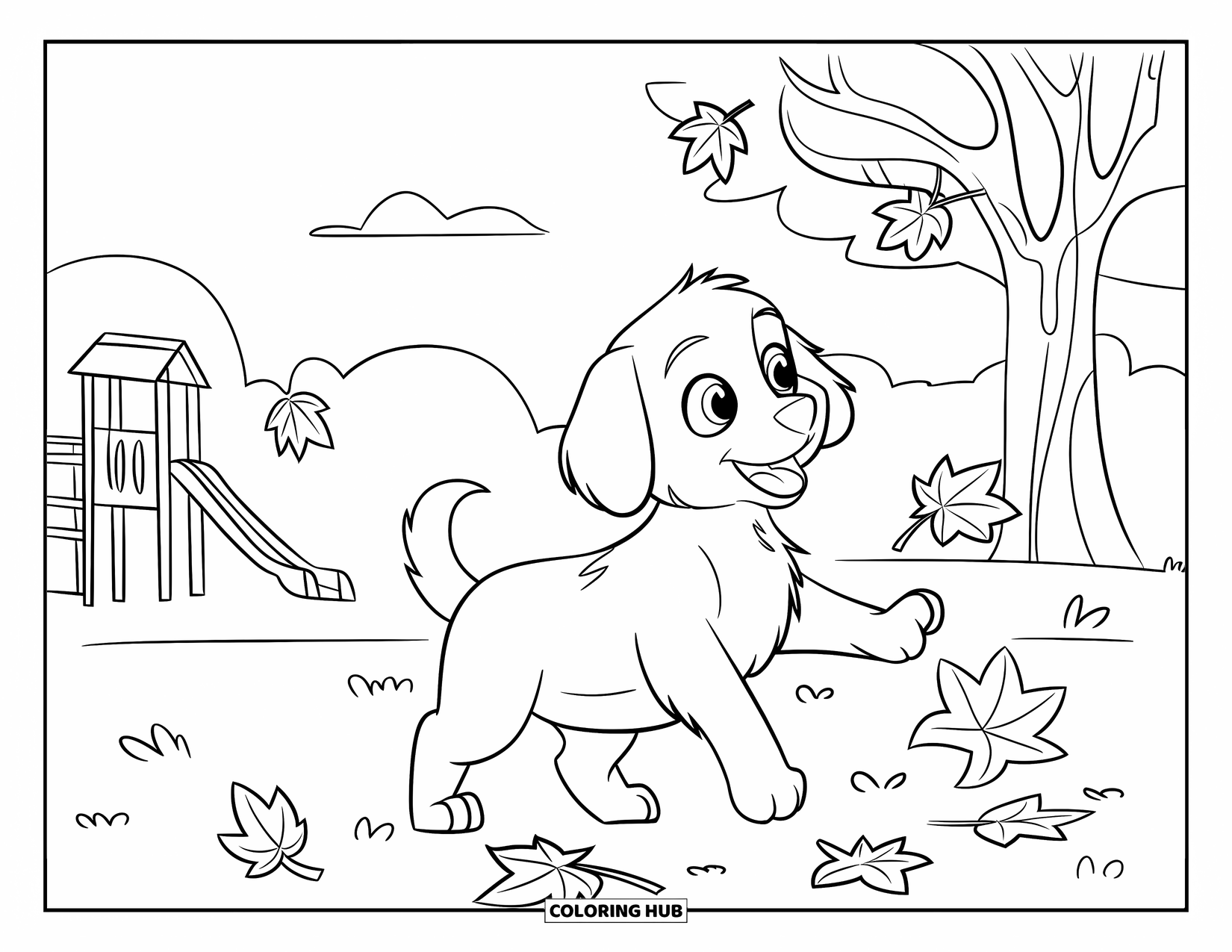 Golden Retriever Puppy Coloring Page for Kids: Playful pup catching leaves near a playground and colorful trees