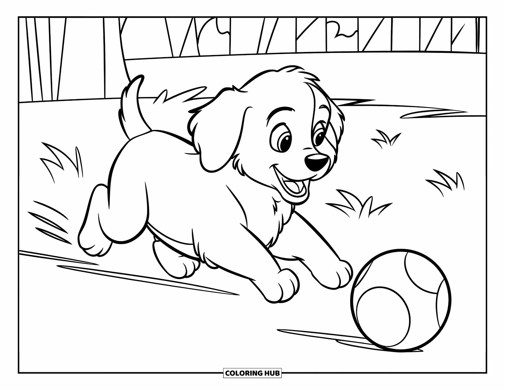 Golden Retriever Puppy Coloring Page for Kids: Puppy dashing after a ball near trees and a simple fence