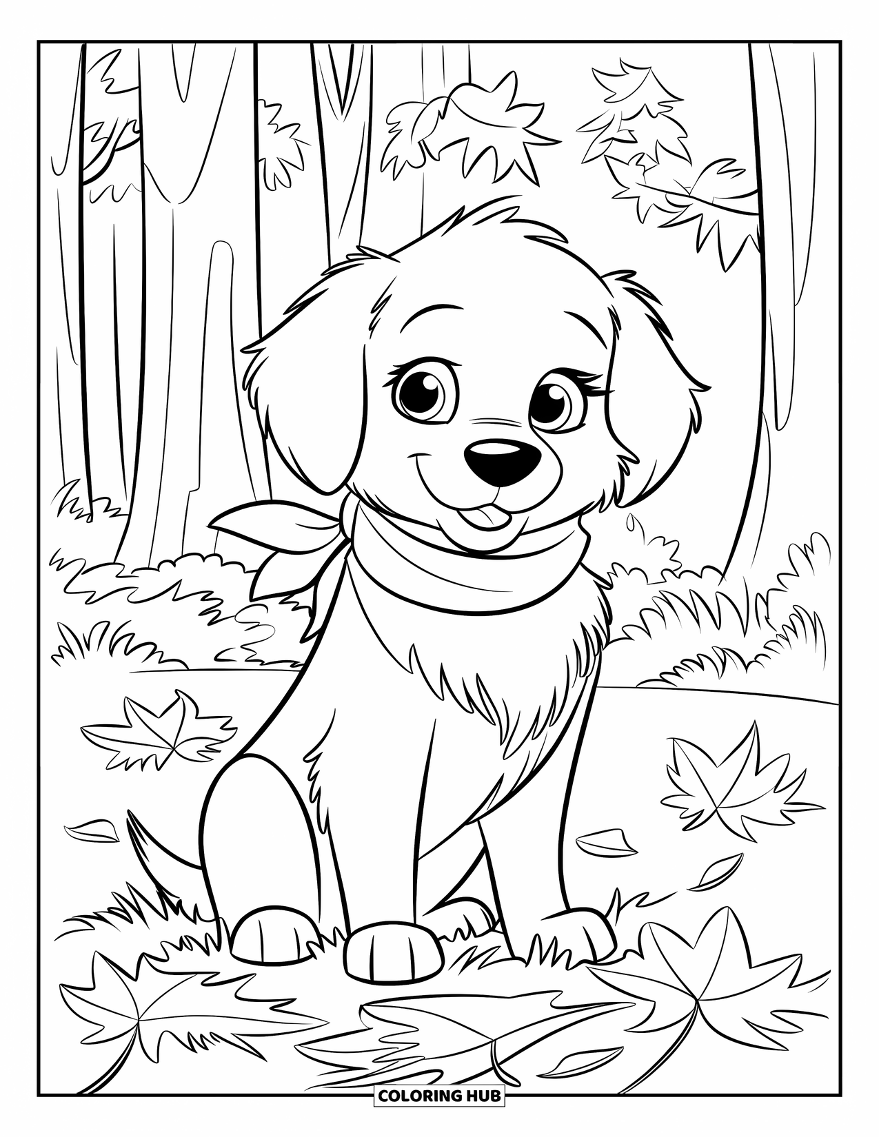 Golden Retriever Puppy Coloring Page for Kids: Puppy in a scarf sitting in a pile of autumn leaves