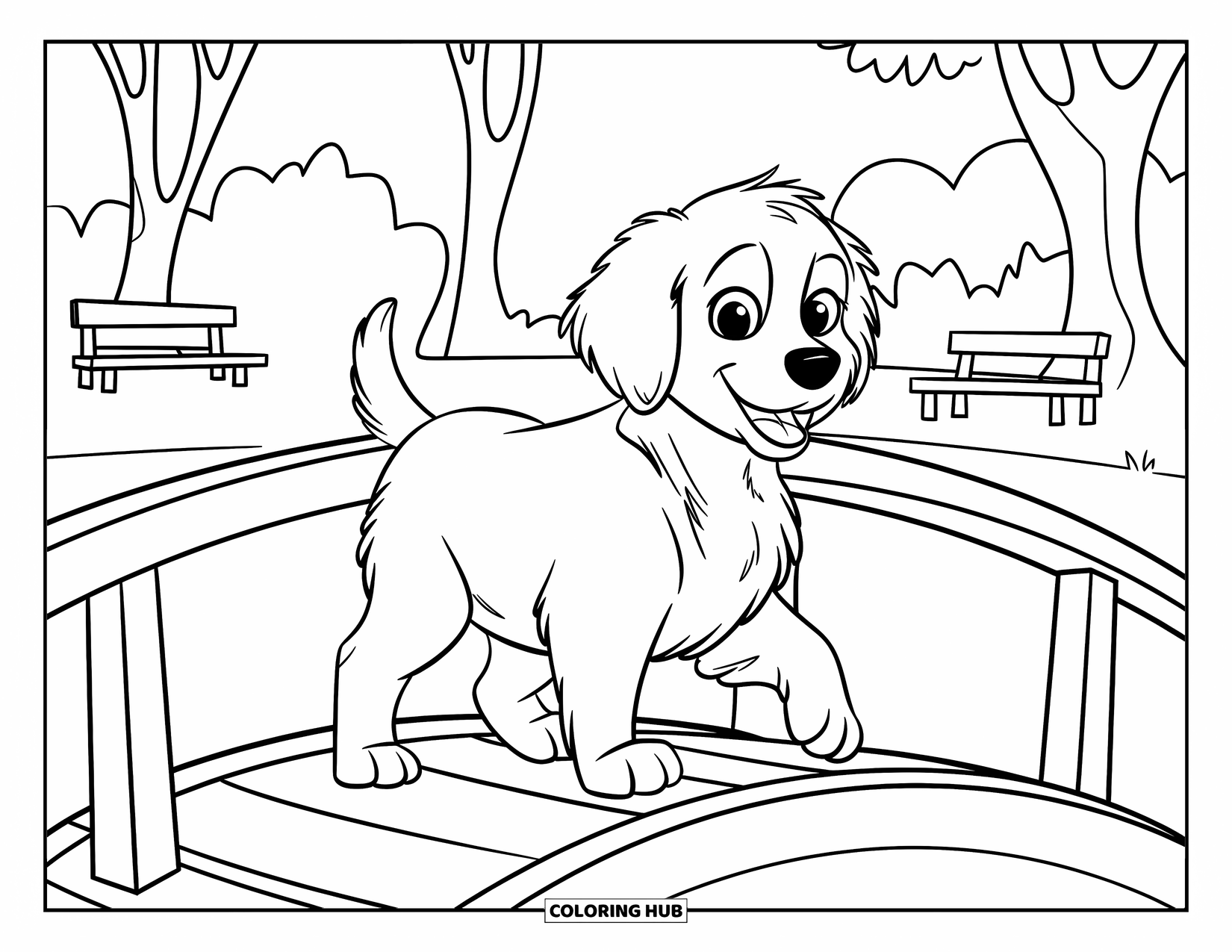 Golden Retriever Puppy Coloring Page for Kids: Puppy on a wooden bridge with benches and tall trees nearby