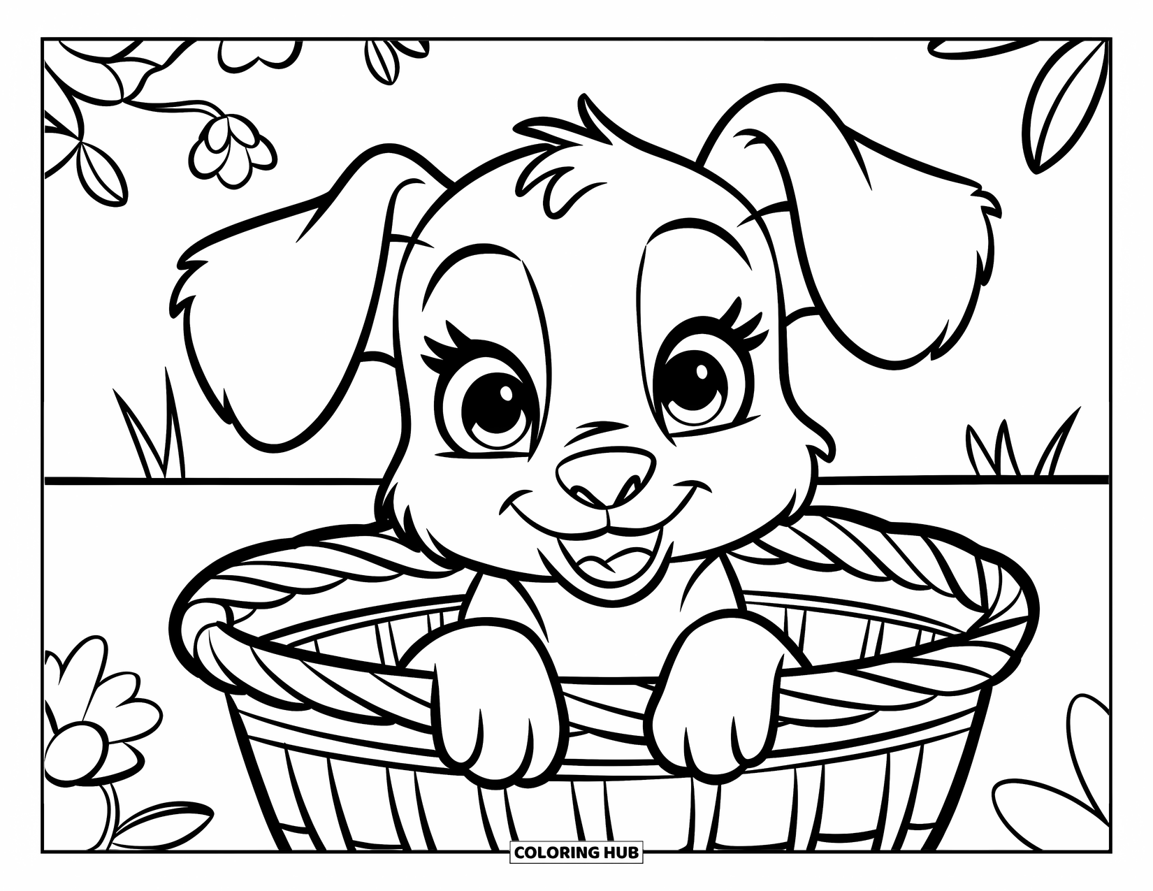 Golden Retriever Puppy Coloring Page for Kids: Puppy peeking out from a basket with flowers and leaves