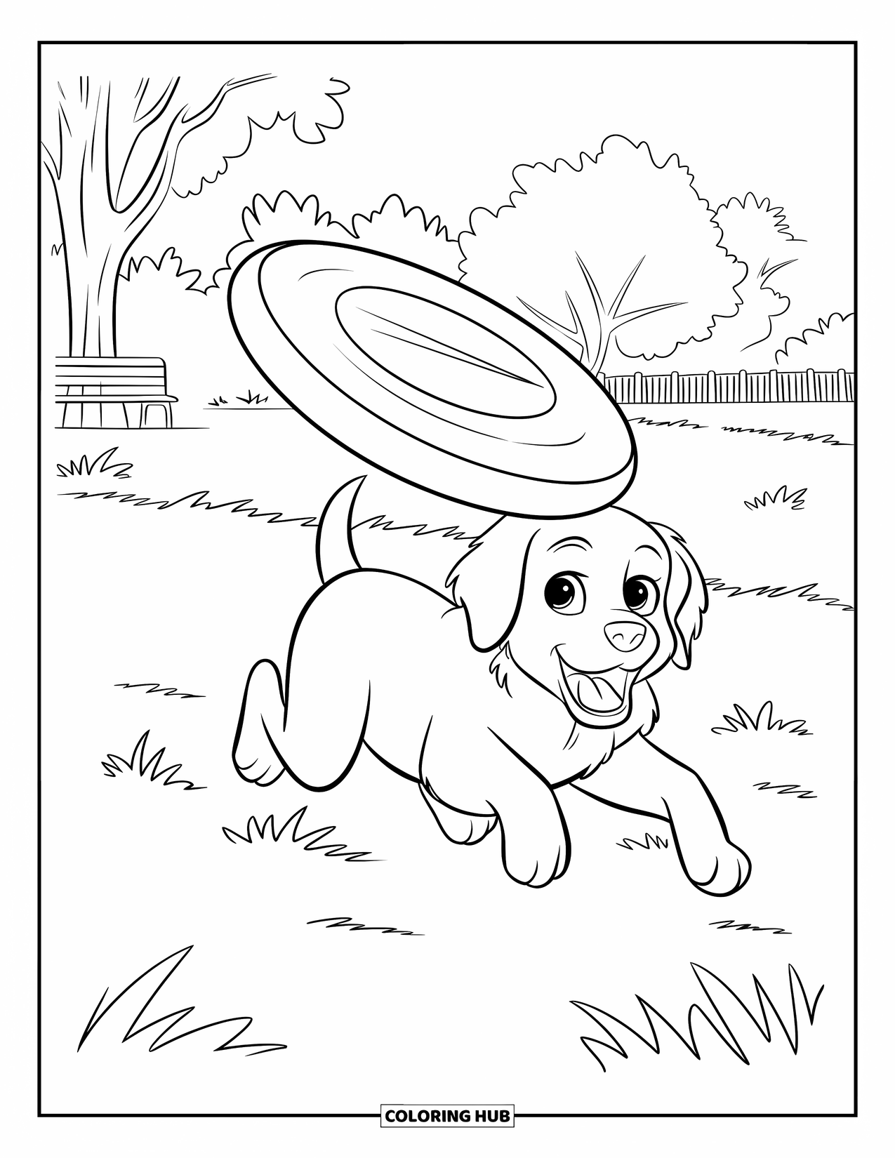Golden Retriever Puppy Coloring Page for Kids: Puppy running in the park chasing a flying frisbee