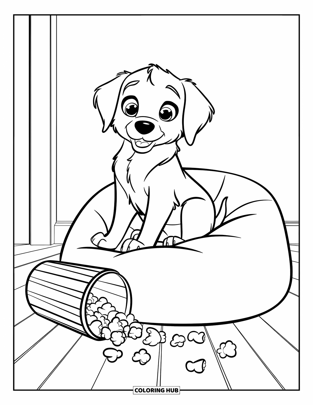 Golden Retriever Puppy Coloring Page for Kids: Puppy sitting on a bean bag with popcorn scattered on the floor