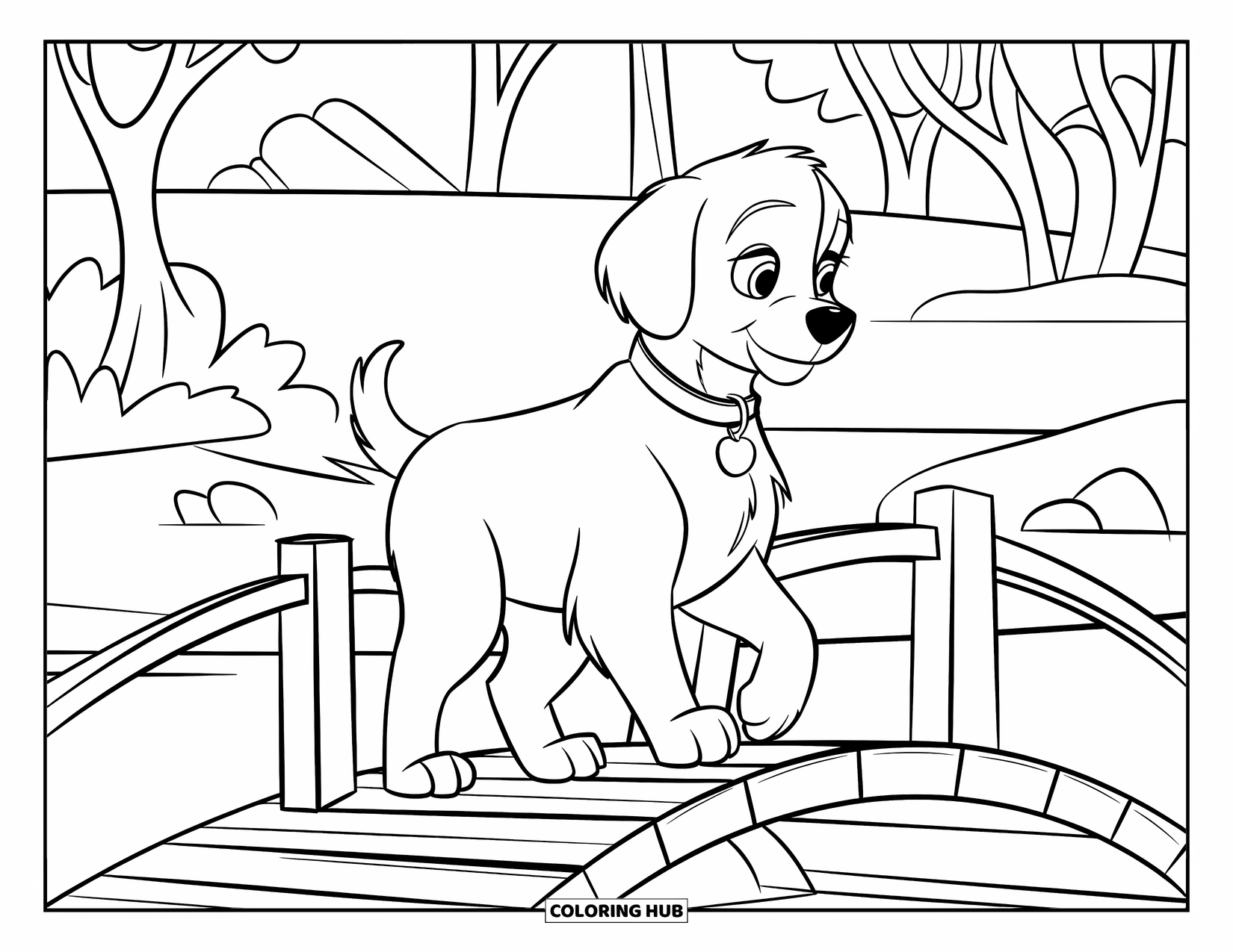 Golden Retriever Puppy Coloring Page for Kids: Puppy walking on a wooden bridge in a tree-filled park