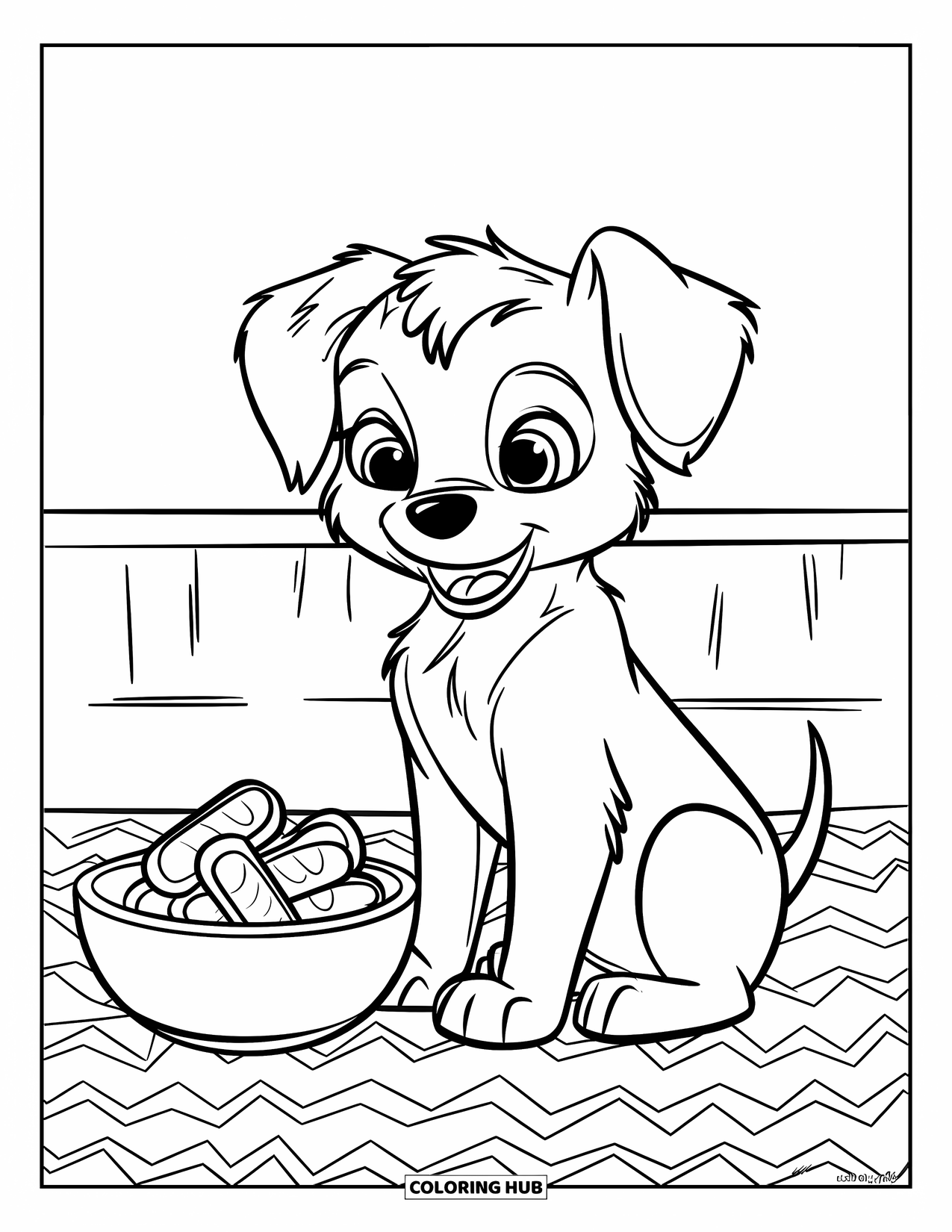 Golden Retriever Puppy Coloring Page for Kids: Puppy with a cute smile sitting beside a bowl of treats