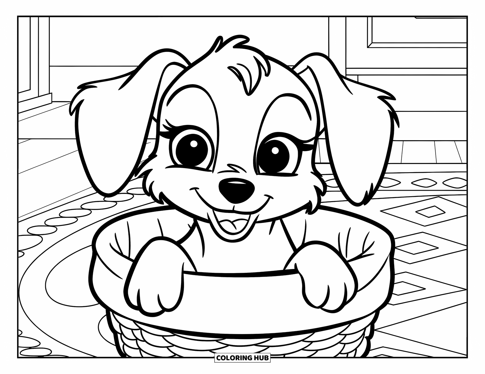 Golden Retriever Puppy Coloring Page for Kids: Puppy with floppy ears sitting in a basket in a tidy room
