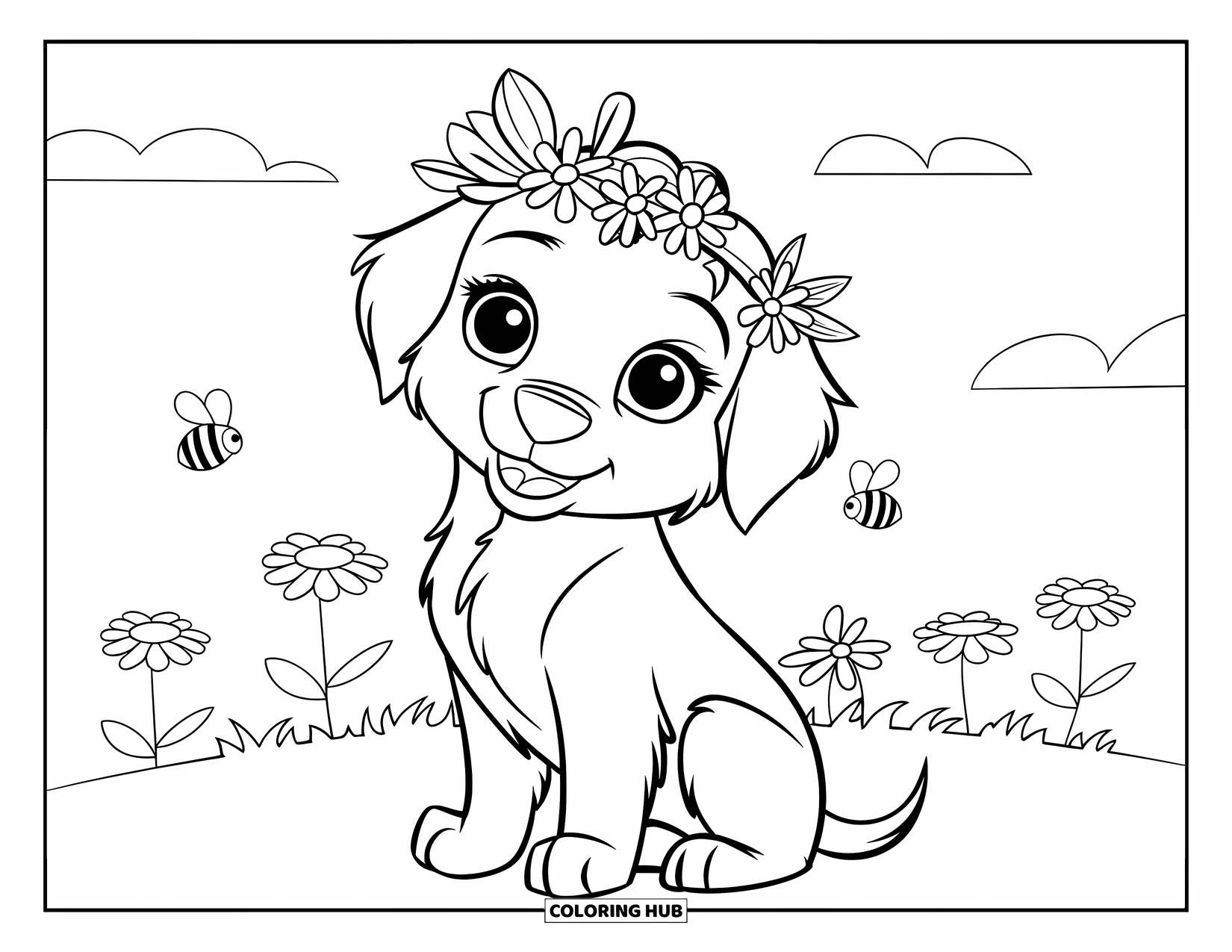 Golden Retriever Puppy Coloring Page for Kids: Puppy with flowers and bees around under a blue sky