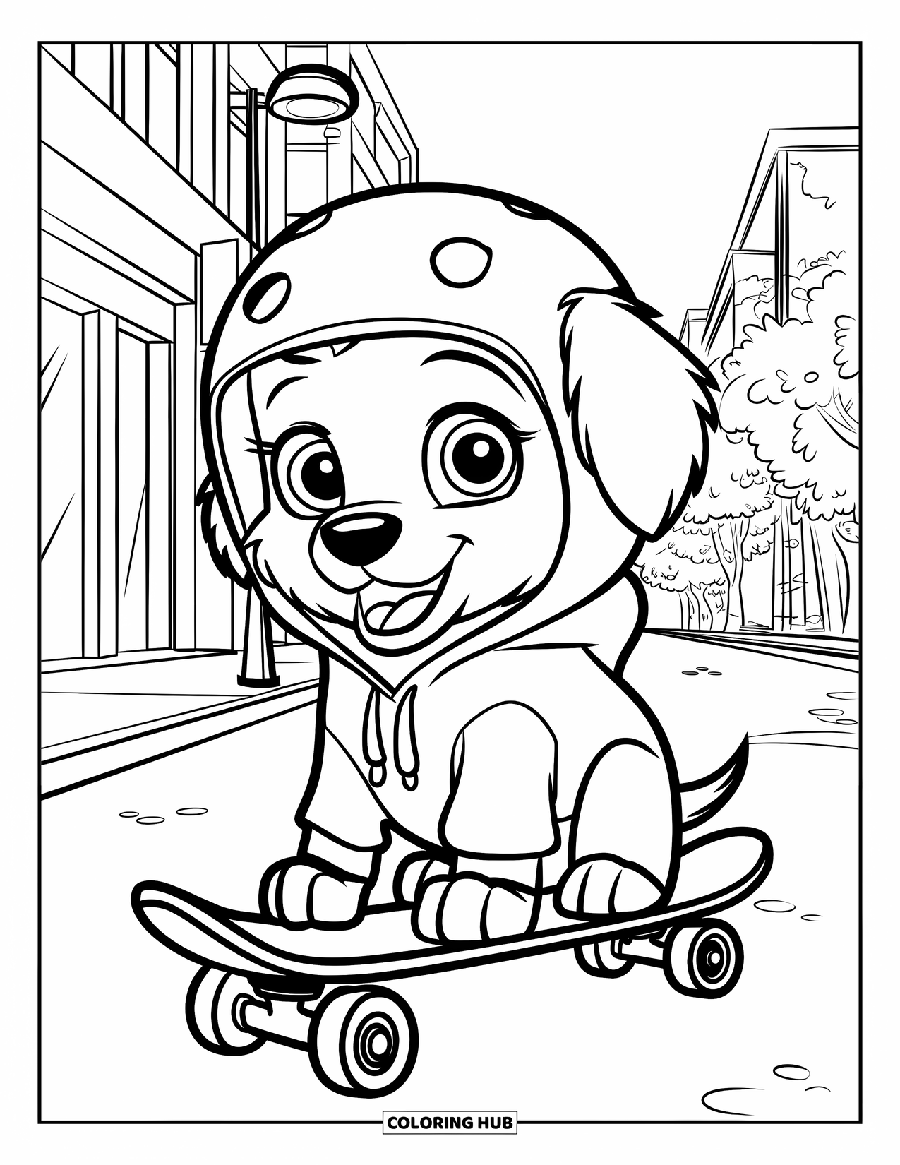 Golden Retriever Puppy Coloring Page for Kids: Skateboarding puppy in a hoodie and helmet on a city street
