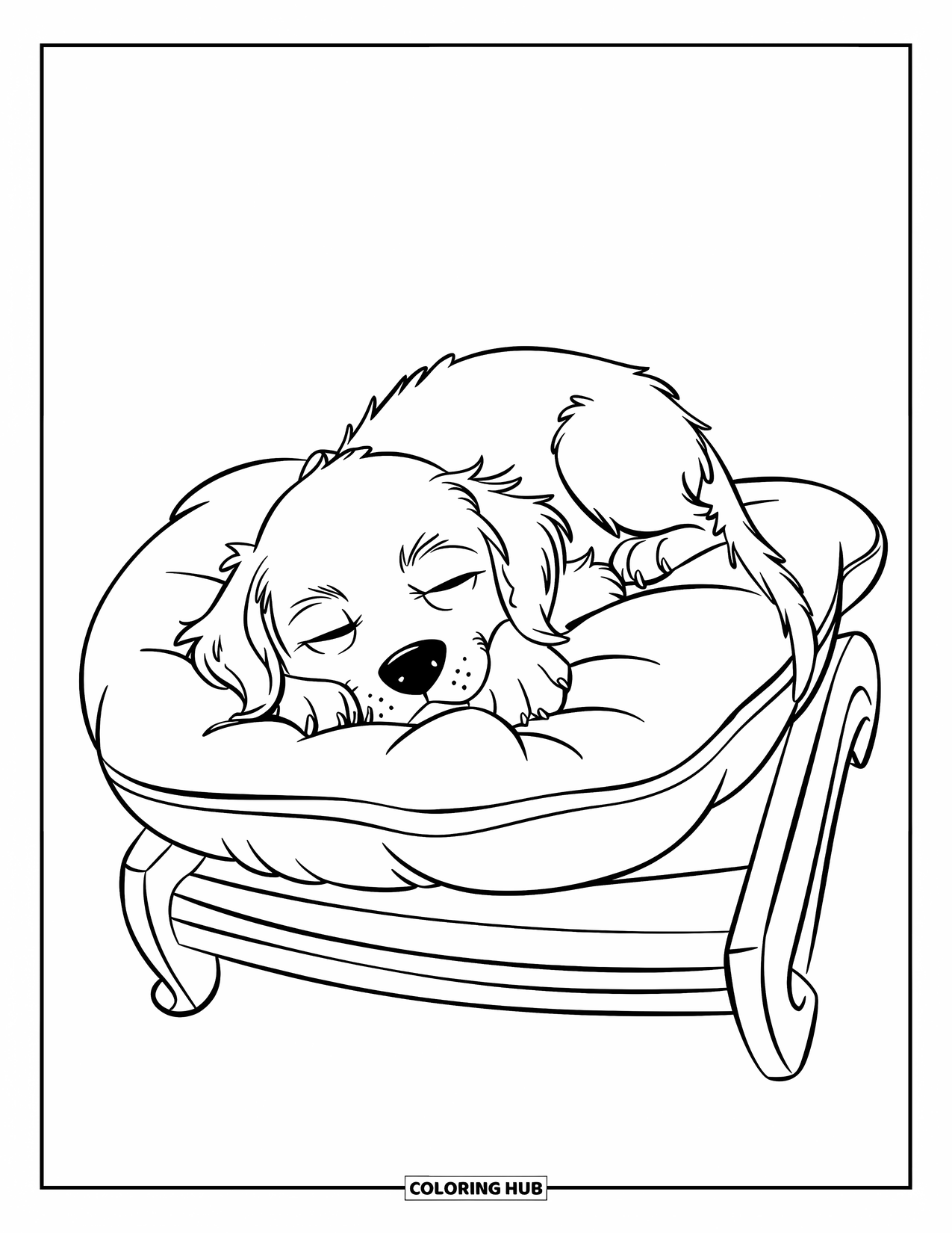 Golden Retriever Puppy Coloring Page for Kids: Sleeping puppy curled up on a pillow on a wooden stand