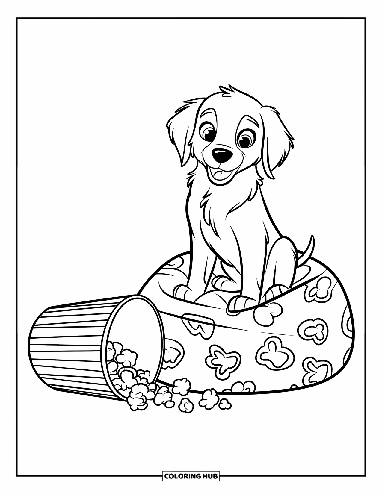 Golden Retriever Puppy Coloring Page for Kids: Surprised puppy on a patterned bean bag beside spilled popcorn