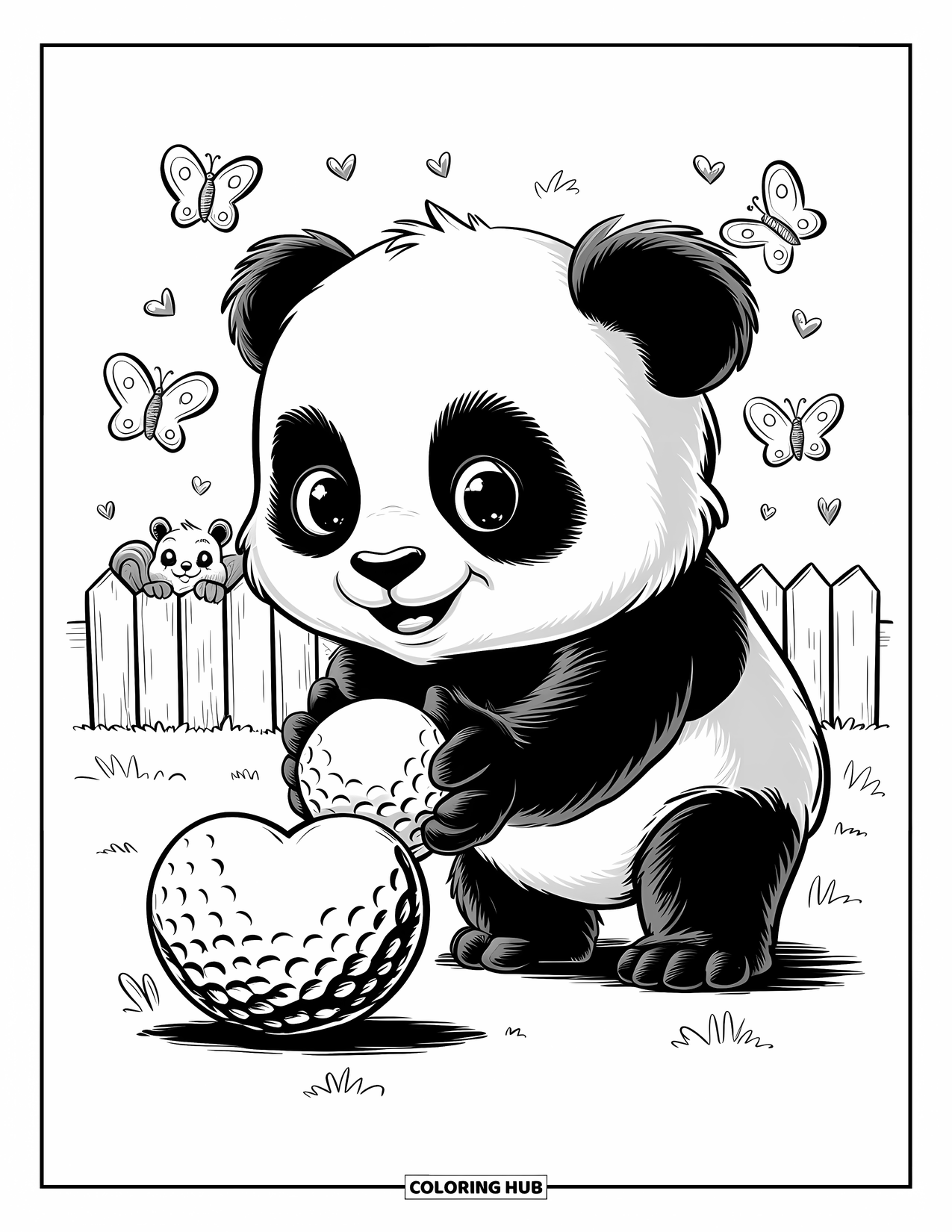 Golf Coloring Page for Adults: A baby panda gently pushes a golf ball toward a heart-shaped cup with butterflies nearby