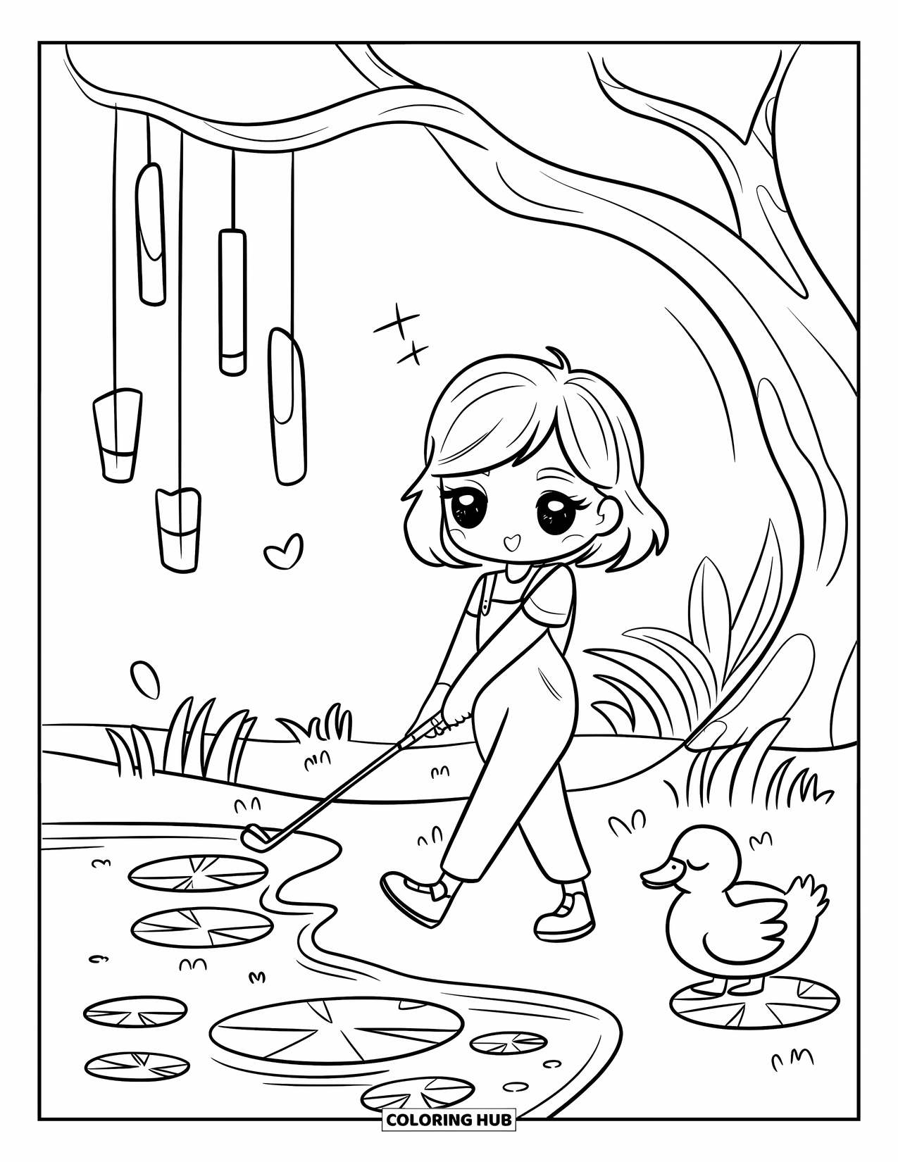 Golf Coloring Page for Adults: A chibi girl swings beside a pond with lily pads and a sleepy duck nearby