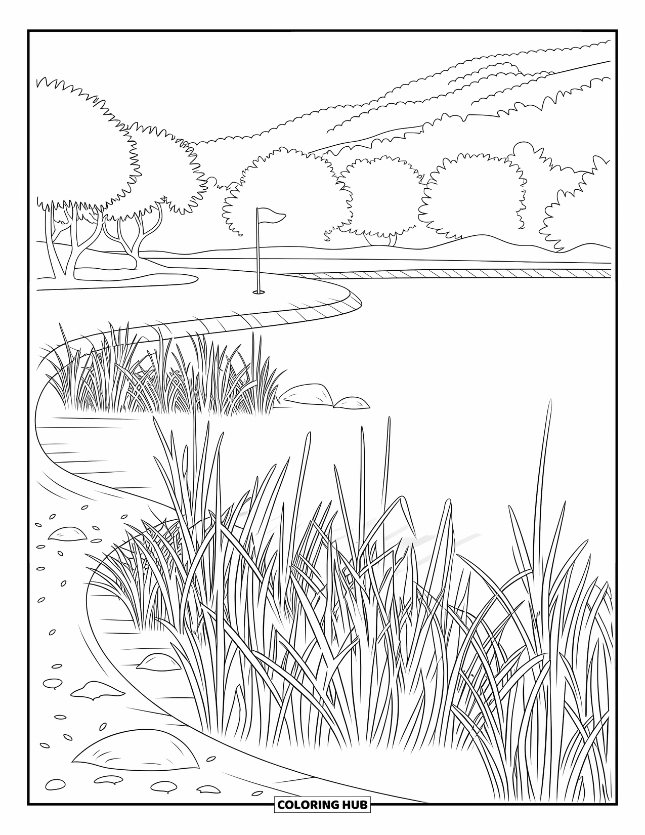 Golf Coloring Page for Adults: A green flag stands by reeds and rocks on a peaceful lakeside course