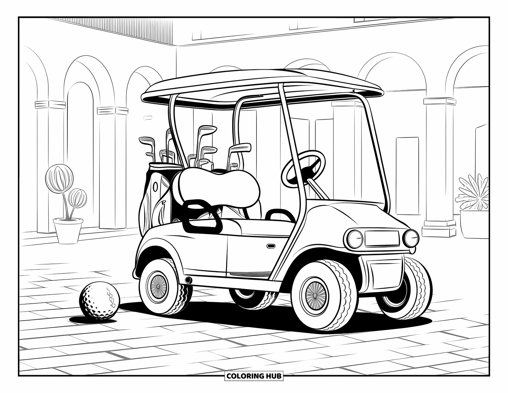 Golf Coloring Page for Adults: Antique golf cart parked on cobblestones with clubs and potted plants nearby