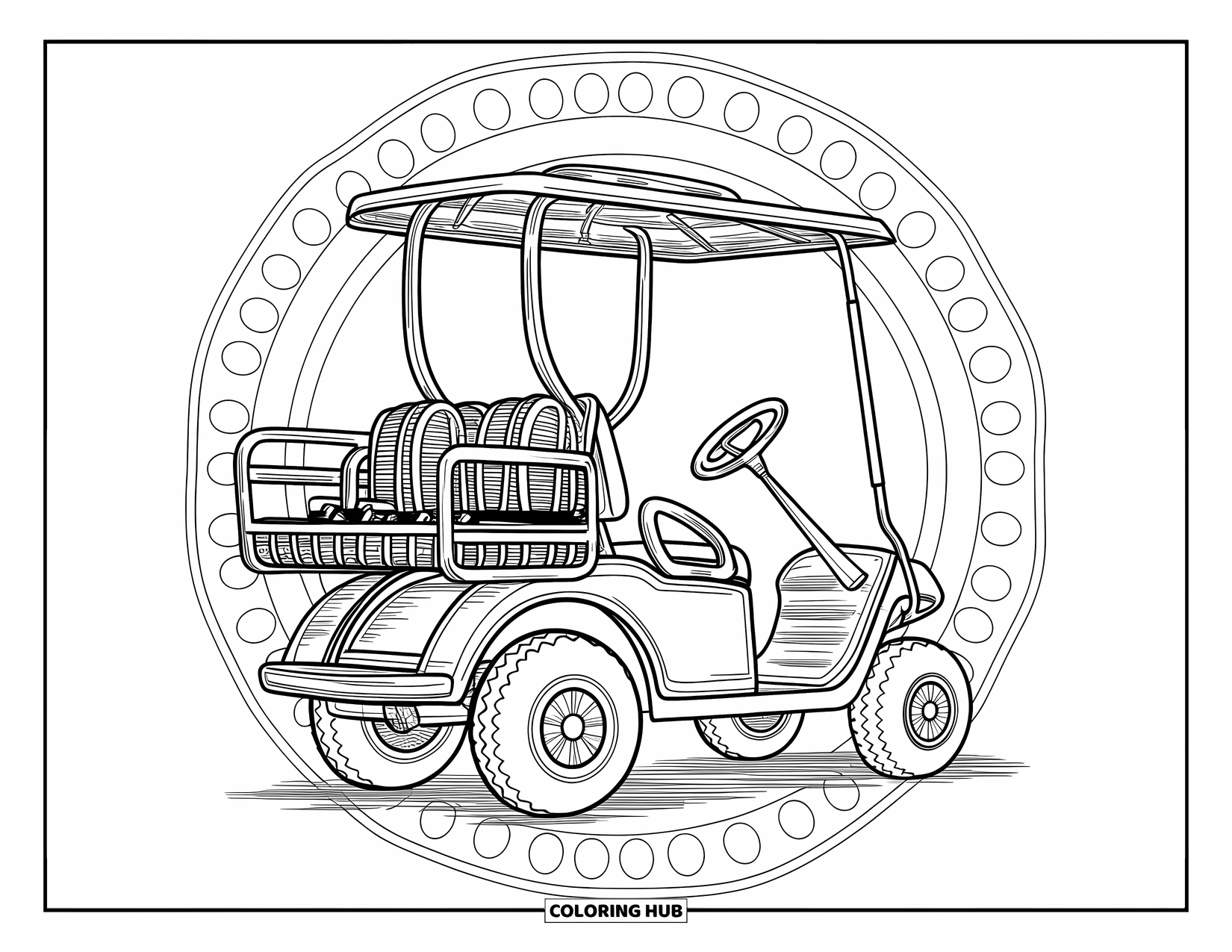 Golf Coloring Page for Adults: Antique golf cart with gear and a wicker basket arranged neatly on a textured surface