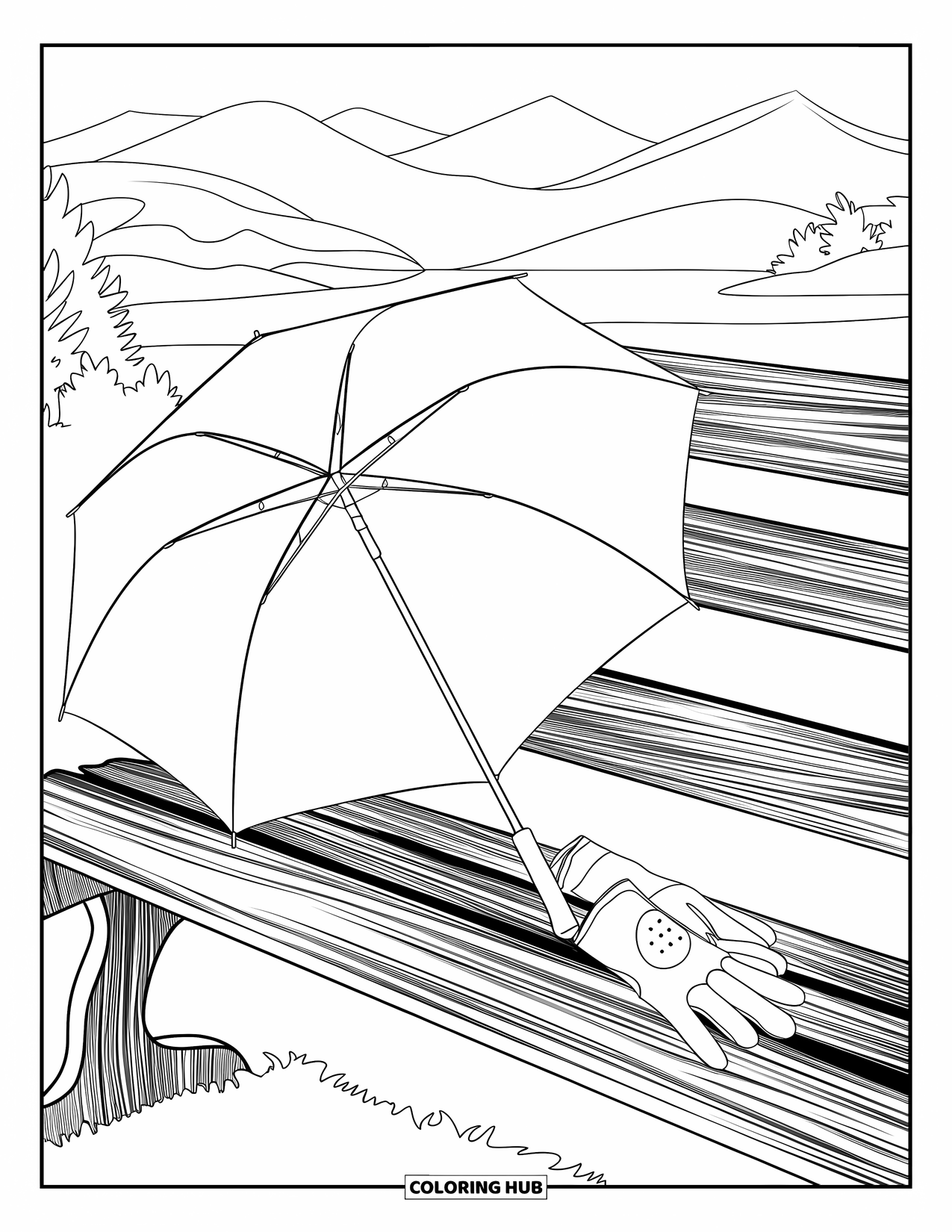 Golf Coloring Page for Adults: Bench with golf gloves and umbrella in a calm setting by mountains and water