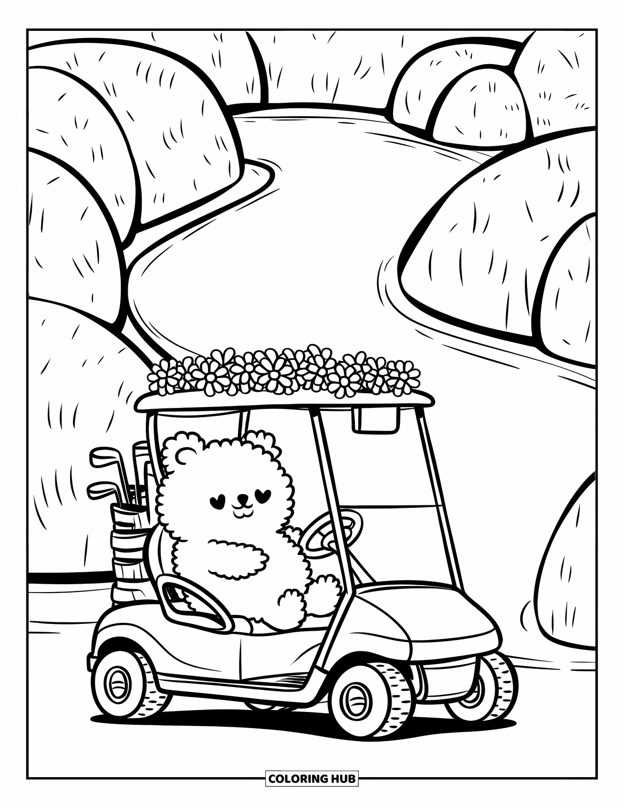 Golf Coloring Page for Adults: Fluffy bear lounges in a golf cart parked near a tiny, hedge-lined course