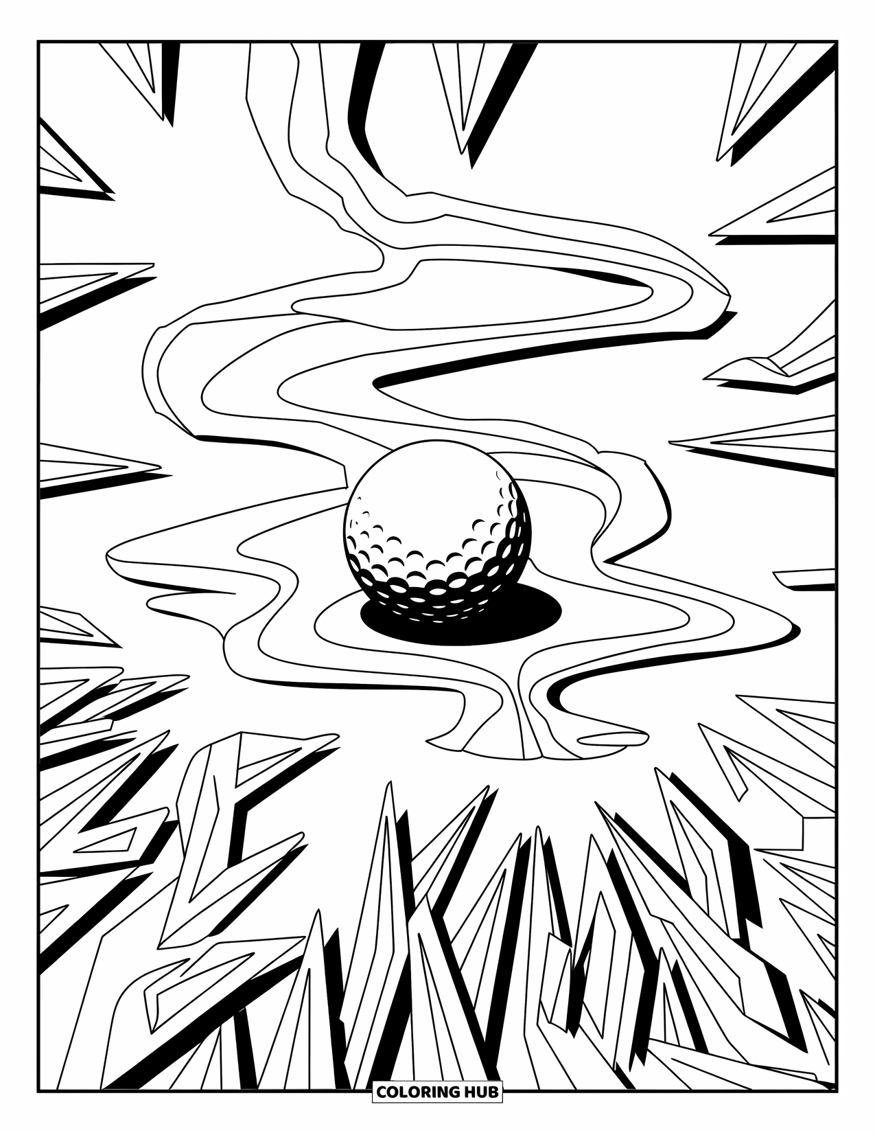 Golf Coloring Page for Adults: Golf ball centered among repeating geometric blades and ripple lines