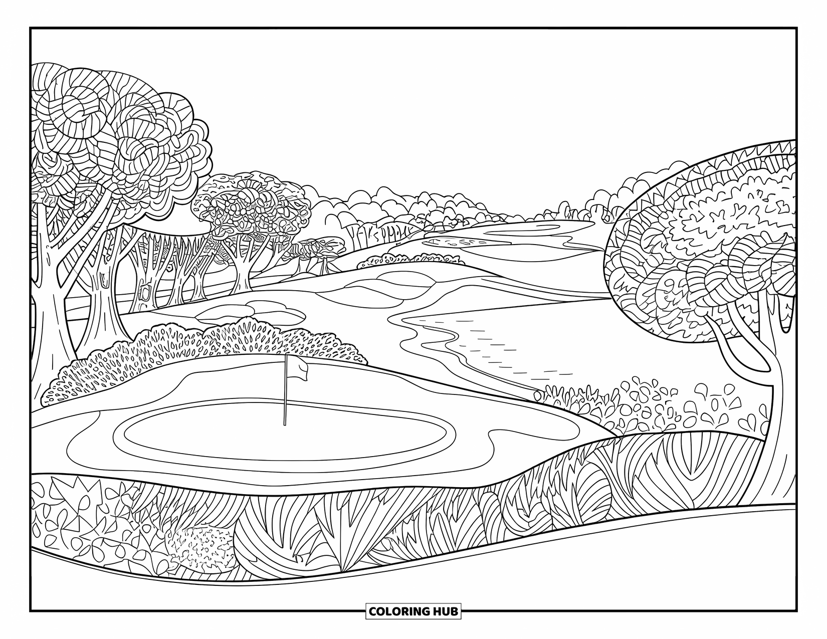 Golf Coloring Page for Adults: Golf course with winding fairways, patterned trees, and a distant flag by the water