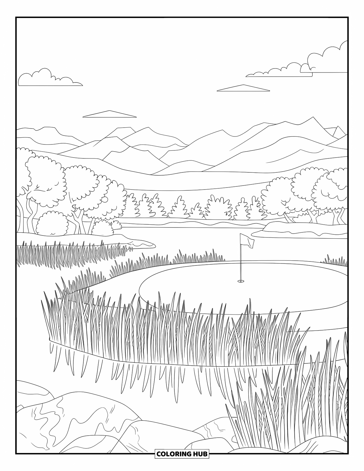 Golf Coloring Page for Adults: Lakeside golf course with reeds, rocks, and a lone flag in a calm landscape