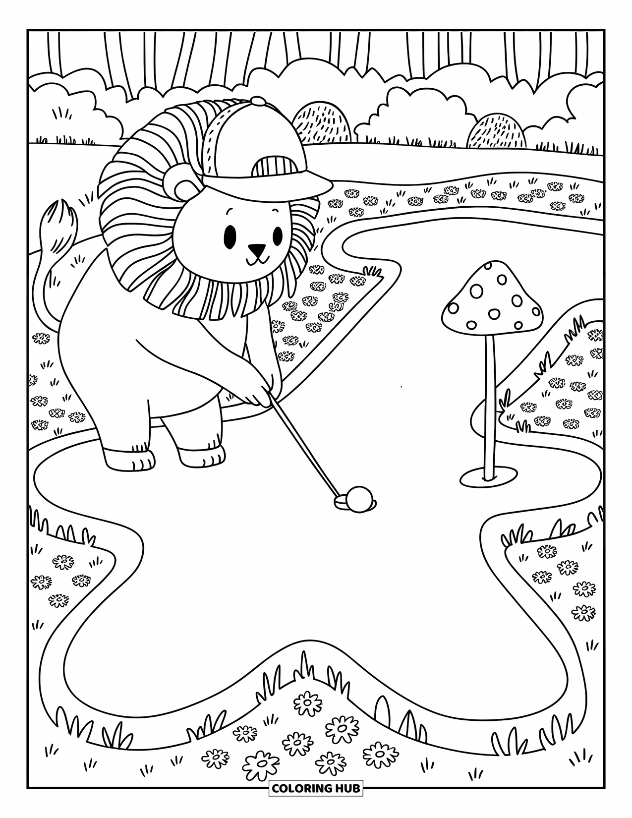Golf Coloring Page for Adults: Lion golfer aims on a mini-golf star course with a mushroom flag and soft trees