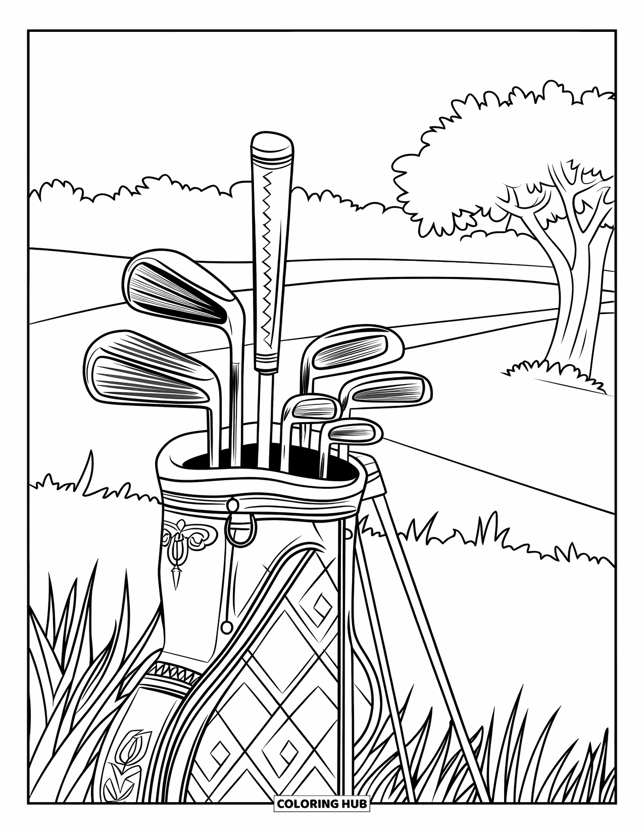 Golf Coloring Page for Adults: Ornate club set and bag rest on grass near a tree-lined path