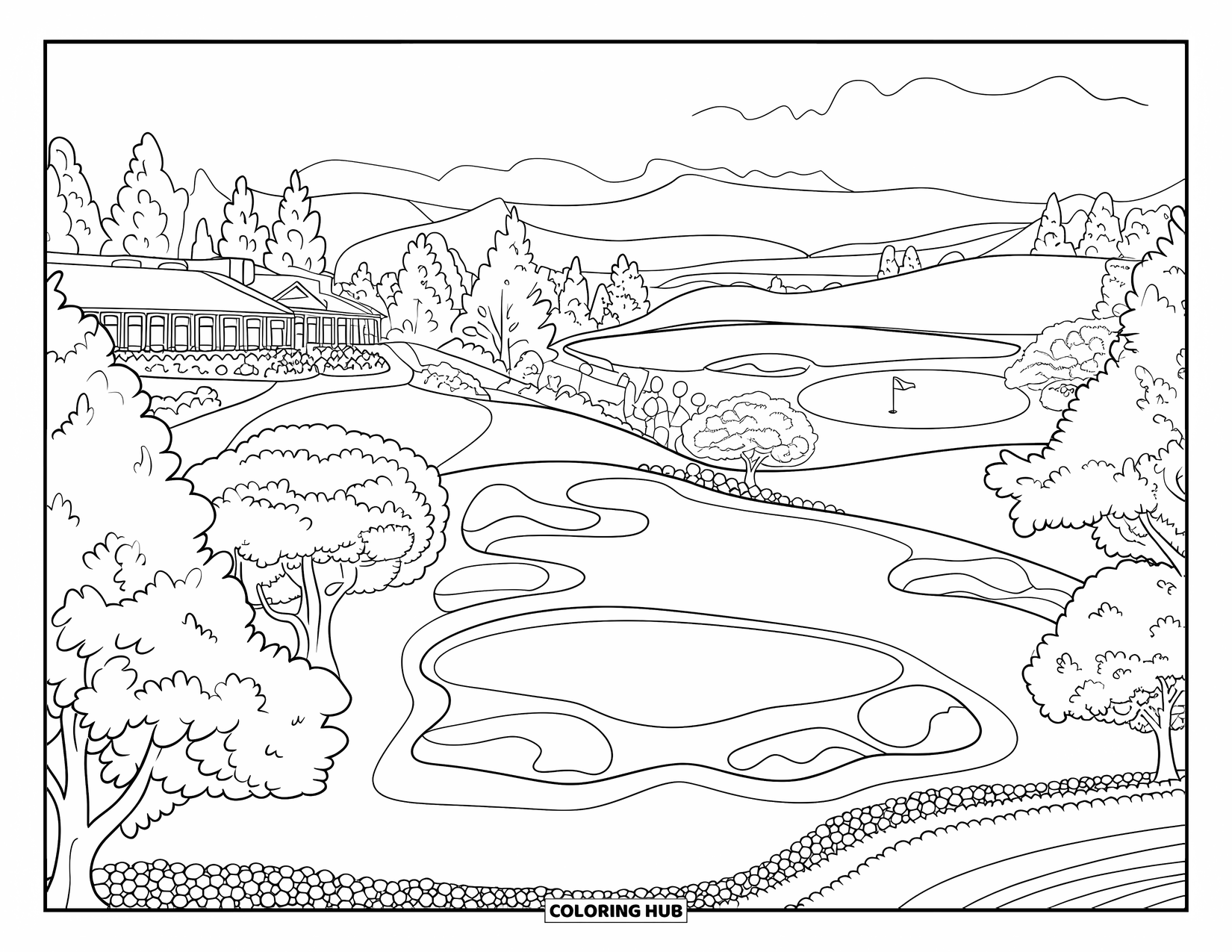 Golf Coloring Page for Adults: Panoramic golf course with rolling hills, detailed trees, and a flag near a pond