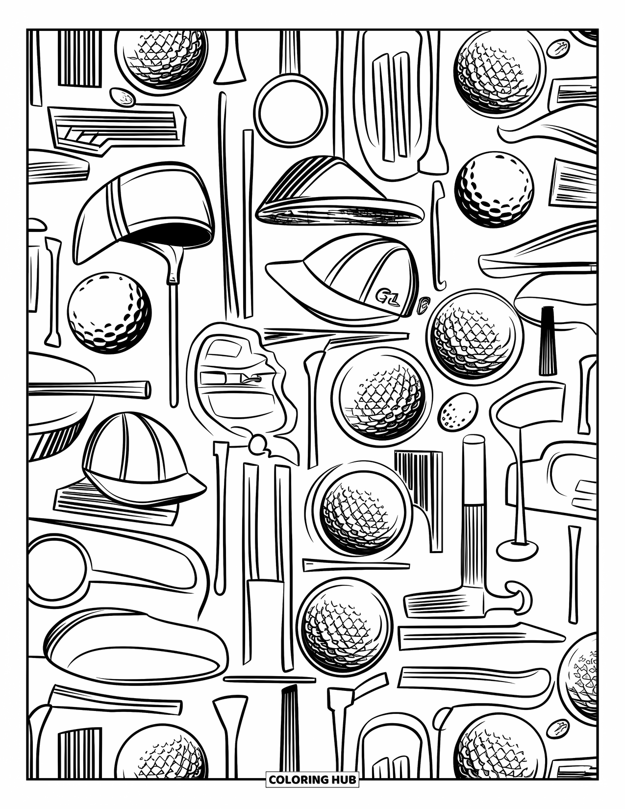 Golf Coloring Page for Adults: Tightly packed golf gear pattern with artistic and relaxing design elements