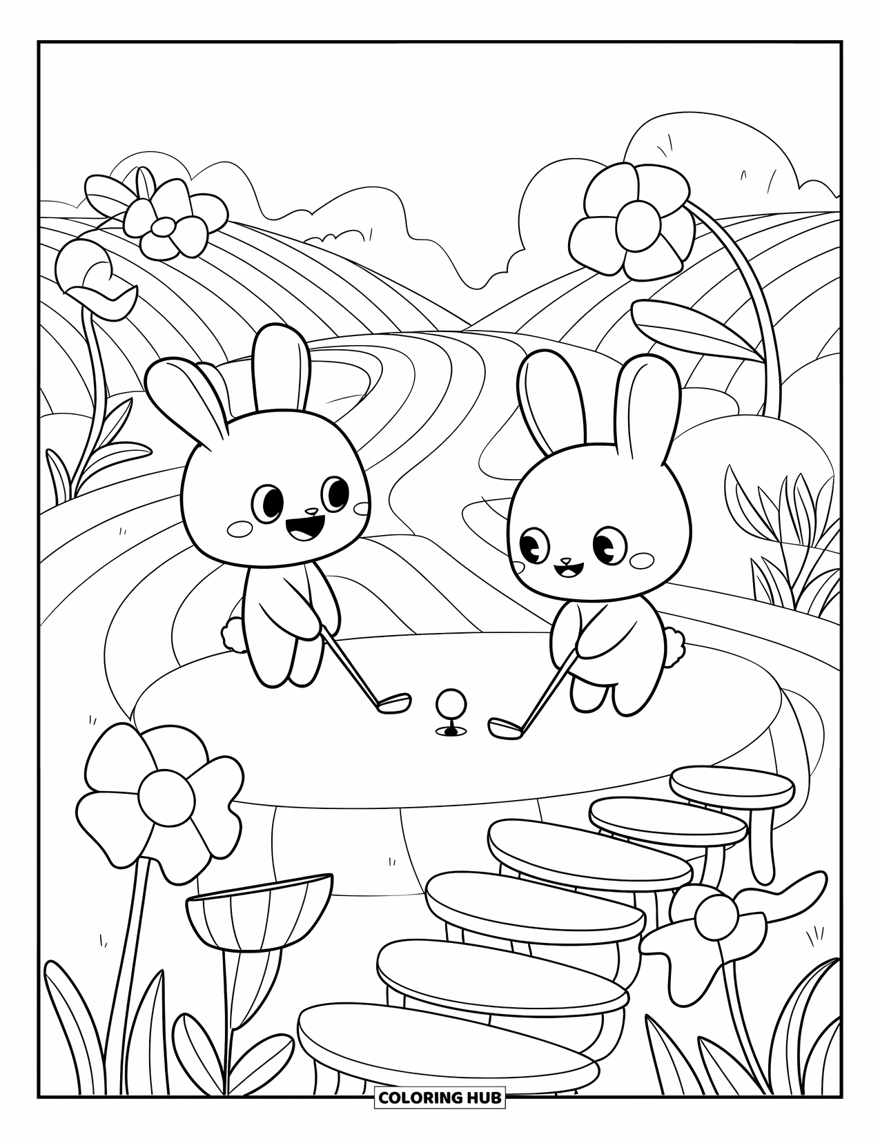 Golf Coloring Page for Adults: Two bunnies play golf on a hill with spiral paths, big flowers, and a stone bridge