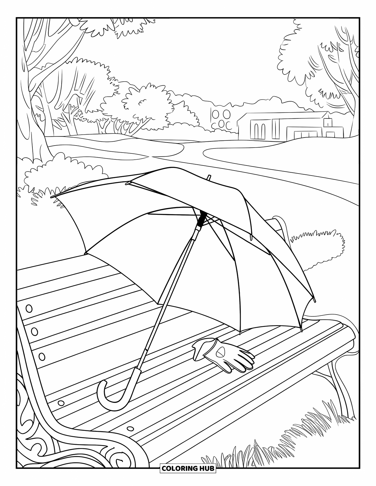 Golf Coloring Page for Adults: Umbrella covers a bench while gloves lie nearby in a serene outdoor setting