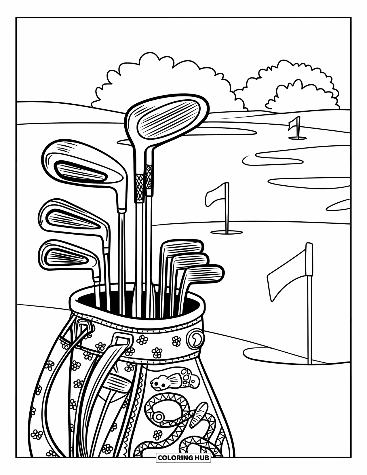 Golf Coloring Page for Adults: Vintage golf clubs with ornate heads and a snake-patterned bag on a clear course