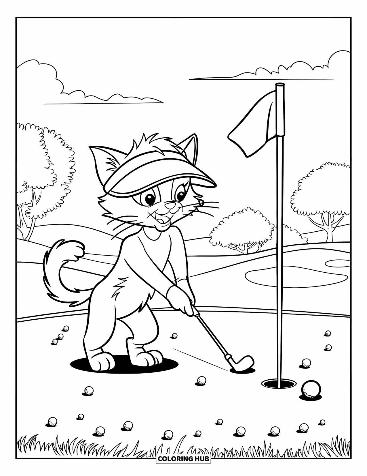 Golf Coloring Page for Kids: A cat in a visor aims at a hole on a grassy course under a bright sky